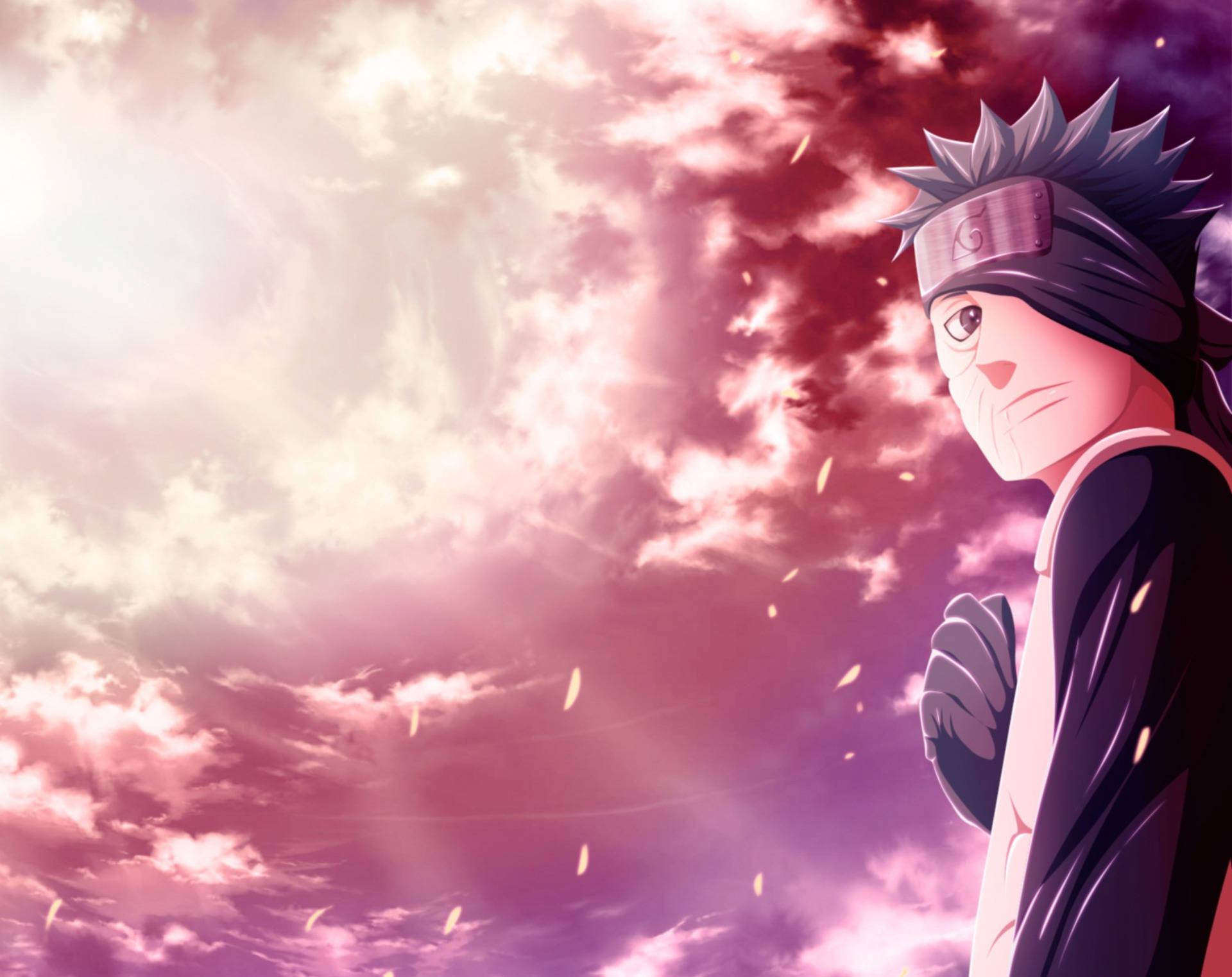 Obito Uchiha 桌布 壁紙 — 一個擁有刺蝟頭和頭帶的動漫角色，仰望充滿發光粒子的鮮豔粉紫色天空。