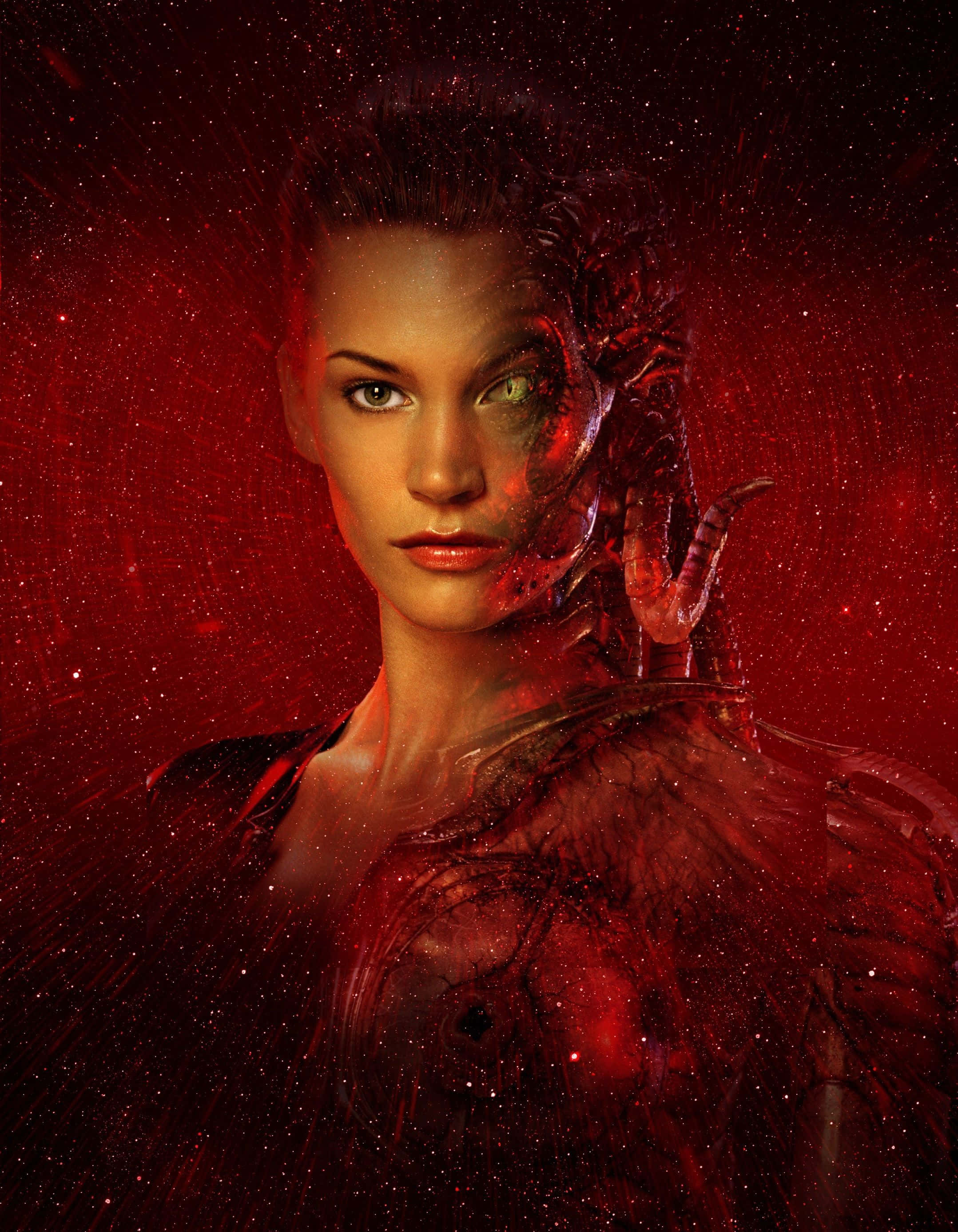 Natasha Henstridge 桌布 壁紙 — 一個擁有半人半有機外星特徵的女人，在深紅色星空背景下強烈凝視。