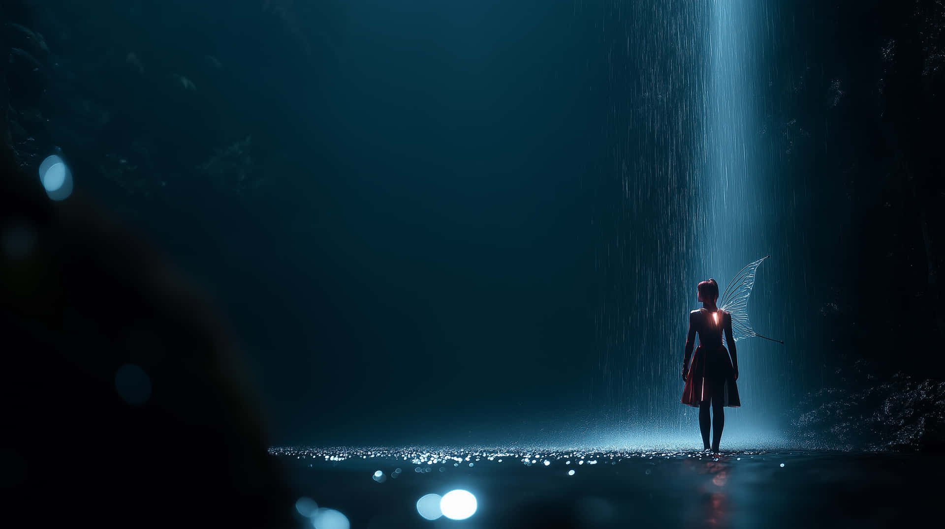 Fairy in the Rain 壁紙 — 一個擁有半透明翅膀的精靈獨自站在黑暗的洞穴中，一道光束照亮了她周圍落下的雨滴。