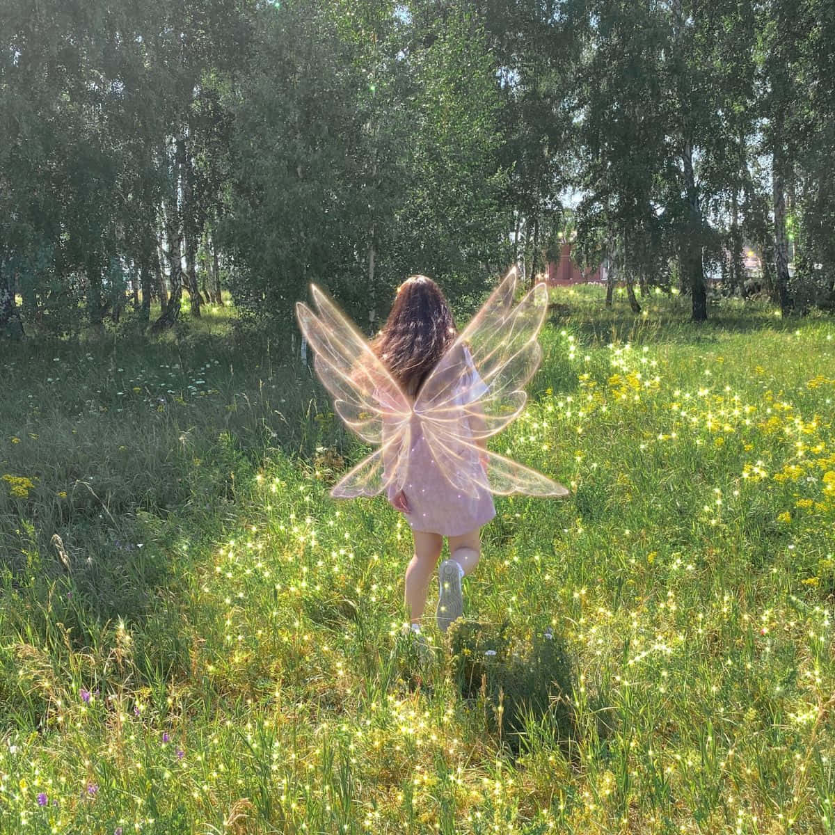 仙女美學 桌布 壁紙 — 一個擁有半透明翅膀的精靈穿過陽光明媚的草地，草地上點綴著黃色花朵和高高的草。