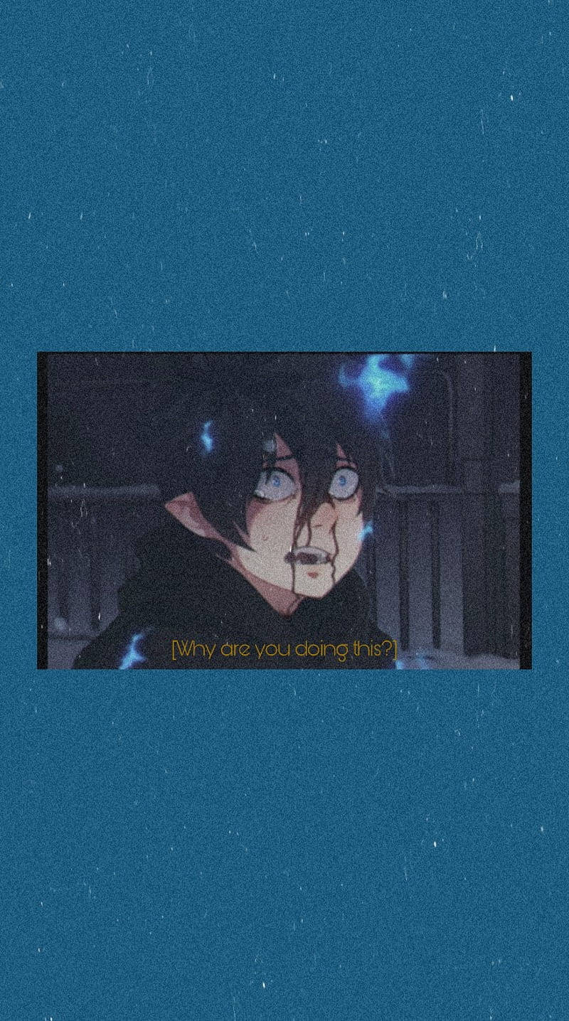 Crying Anime Boy 桌布 壁紙 — 一個擁有大眼睛和發光藍色頭髮的動漫角色，在黑暗的雨景背景下顯得震驚。
