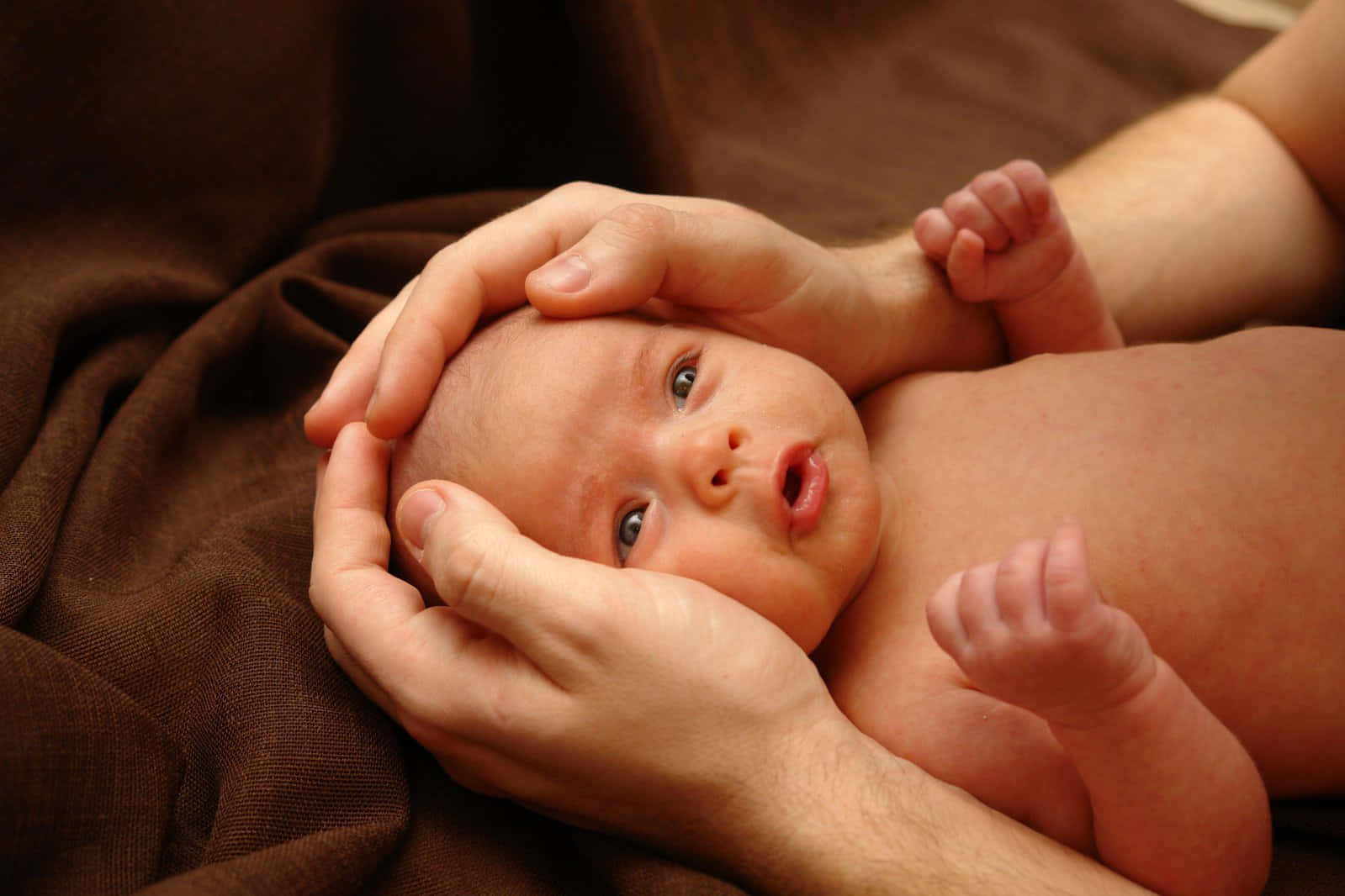 Infant 桌布 壁紙 — 一個擁有寬闊藍眼睛的新生嬰兒被溫柔地抱在成人手中，背景是柔軟的棕色布料。