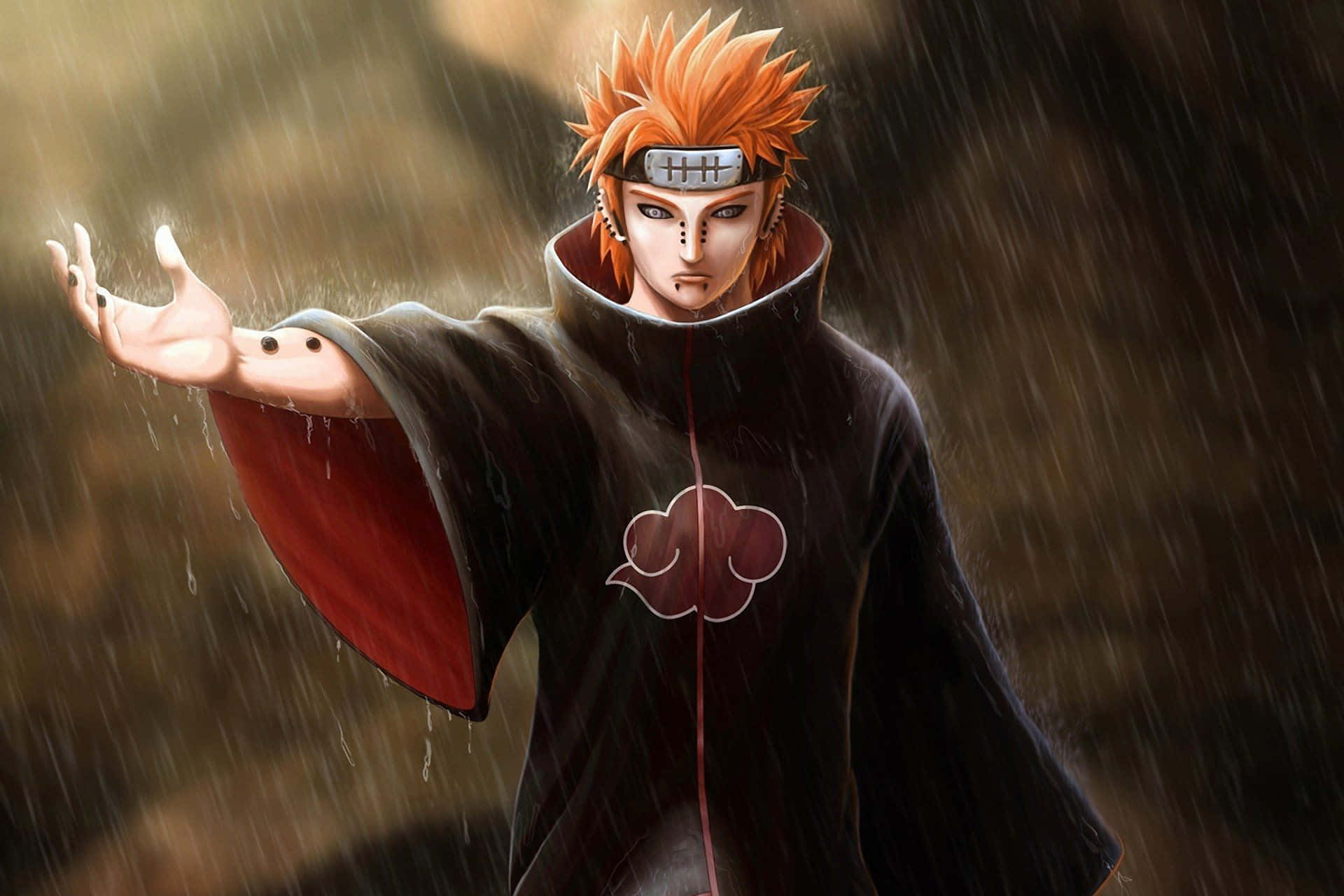Akatsuki Naruto Shippuden 桌布 壁紙 — 一個擁有尖刺橙色頭髮和黑色斗篷的動漫角色站在大雨中，手伸向模糊的土色背景。