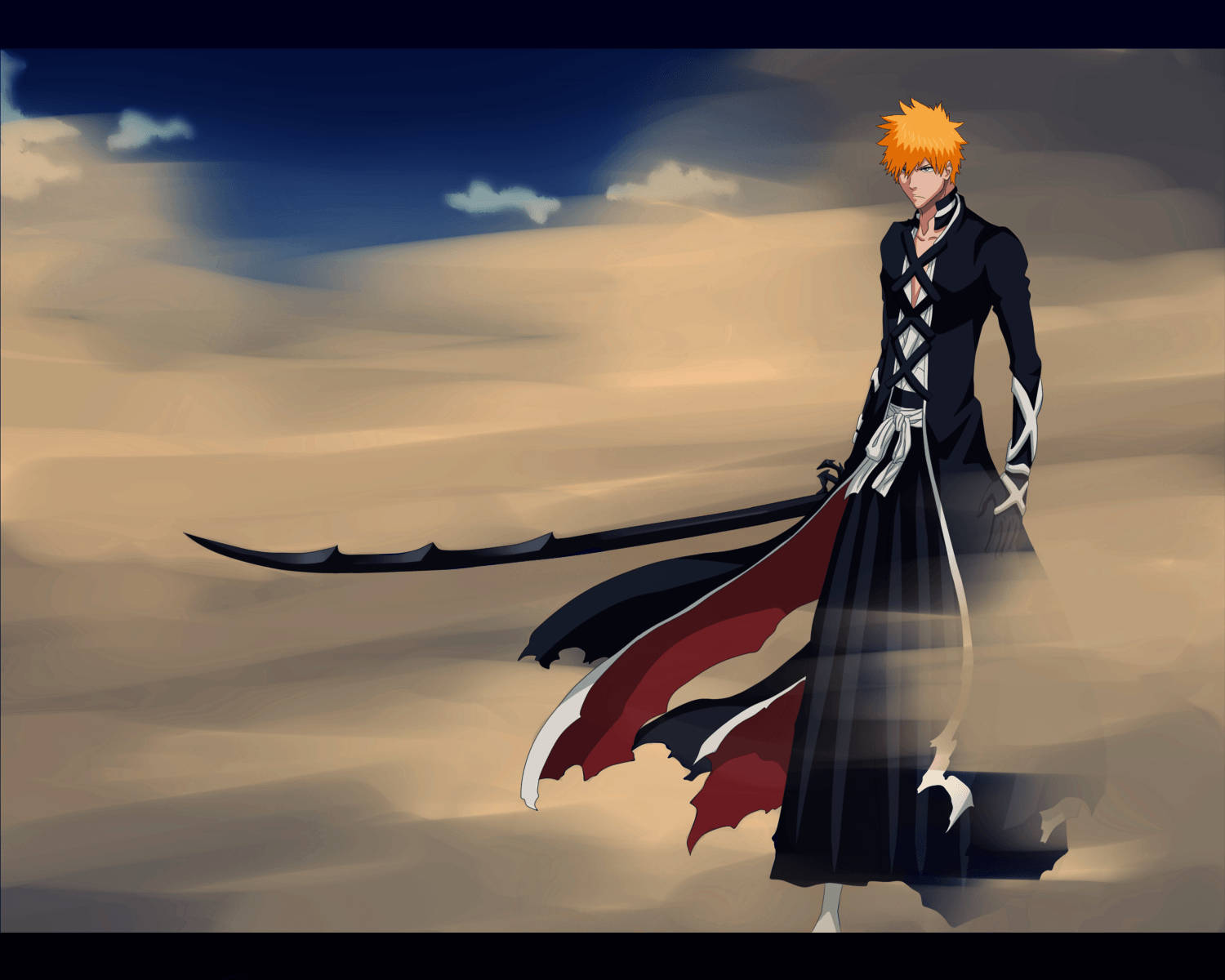 Bankai 桌布 壁紙 — 一個擁有尖刺橙色頭髮的動漫角色站在沙漠中，手持一把帶有紅色和白色裝飾的長黑劍。