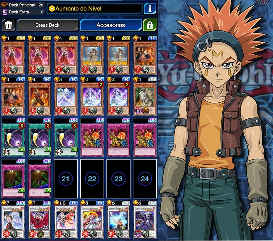 Crow Hogan 桌布 壁紙 — 一個擁有尖刺橙色頭髮的遊戲王角色站在一個顯示各種交易卡的數位卡牌收藏介面旁邊。