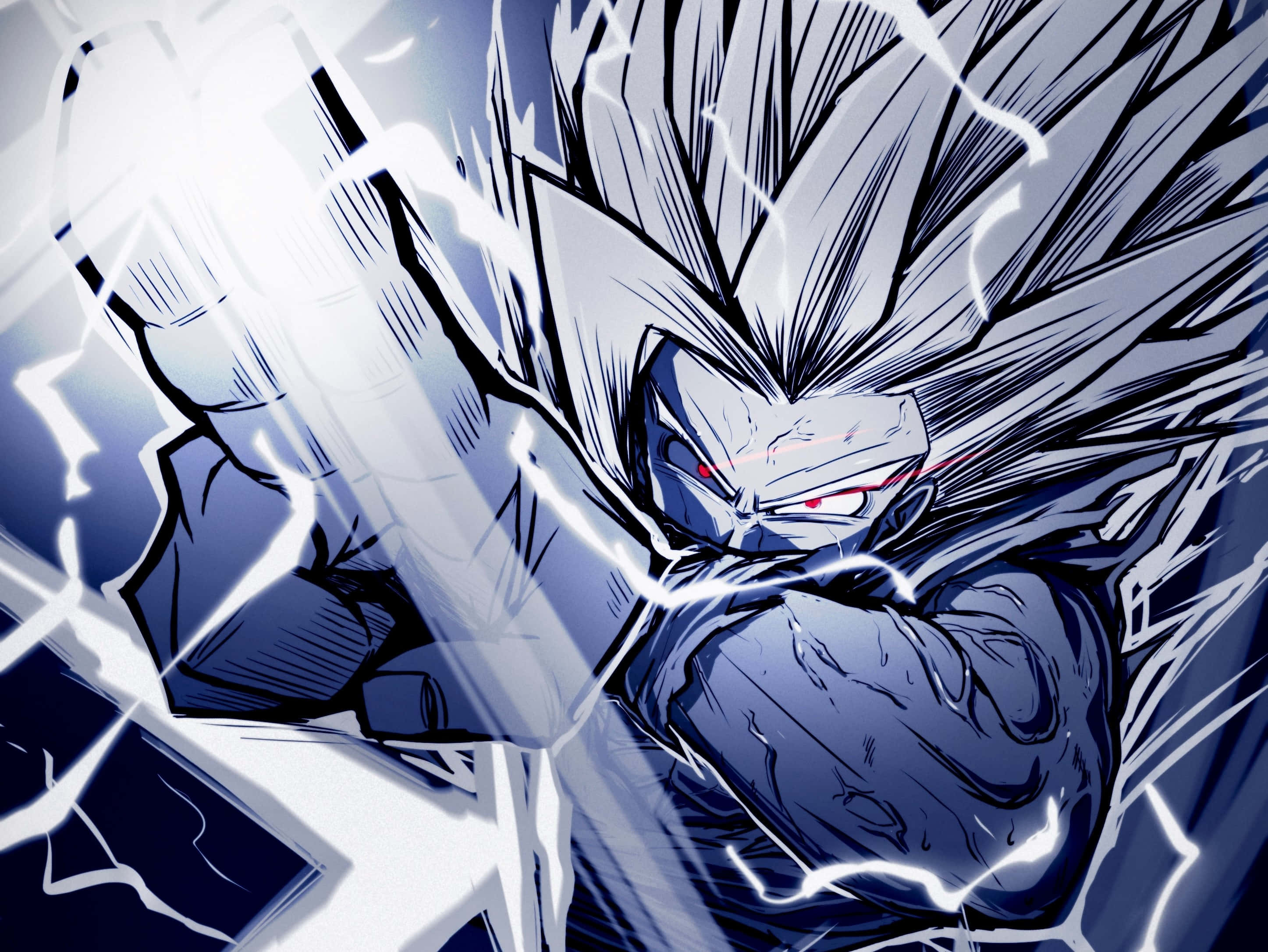 Cool Dragon Ball 桌布 壁紙 — 一個擁有尖刺白髮和發光紅眼的兇猛動漫戰士，在動態的藍白姿勢中引導劈啪作響的閃電能量。