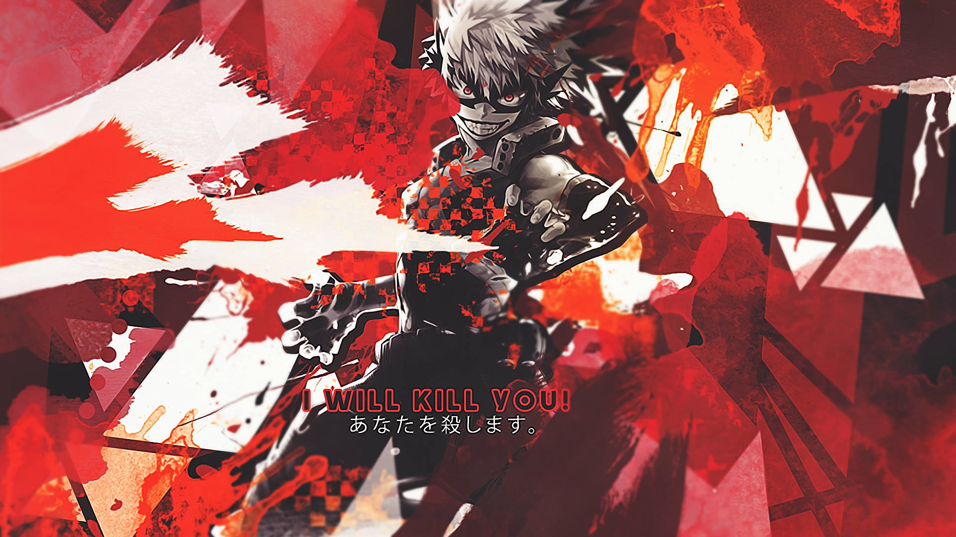 Bakugo 桌布 壁紙 — 一個擁有尖刺白髮和紅眼的動漫角色，在混亂的紅白抽象背景前挑釁地尖叫。