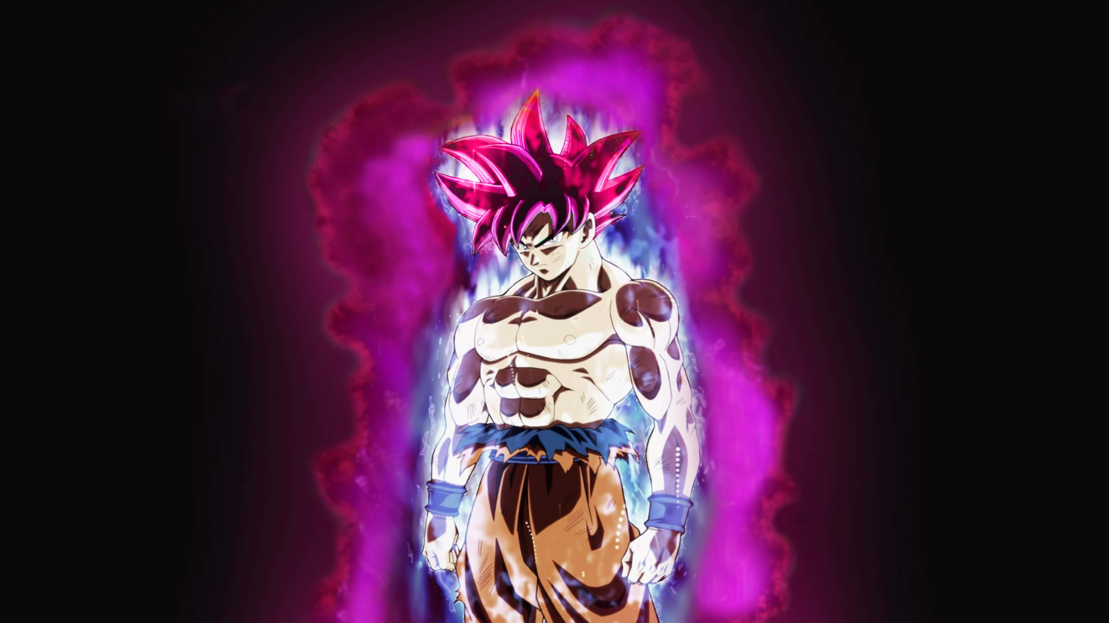 Goku Black 4K 桌布 壁紙 — 一個擁有尖刺粉紅色頭髮和發光光環的強大動漫戰士站在黑暗背景前。