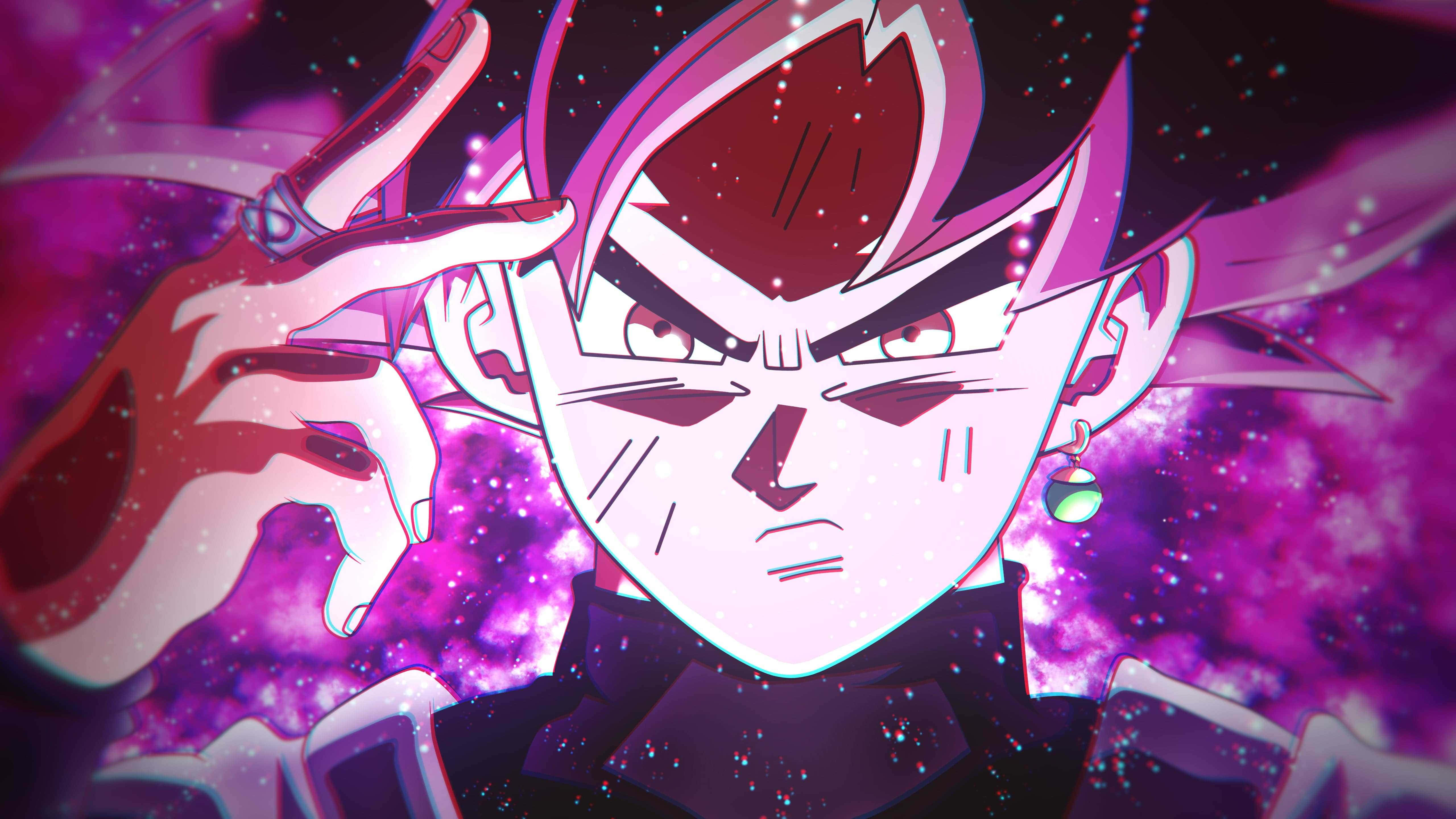 Cool Dragon Ball 桌布 壁紙 — 一個擁有尖刺粉紅色頭髮和發光眼睛的動漫角色，在紫色宇宙星雲背景前擺姿勢。