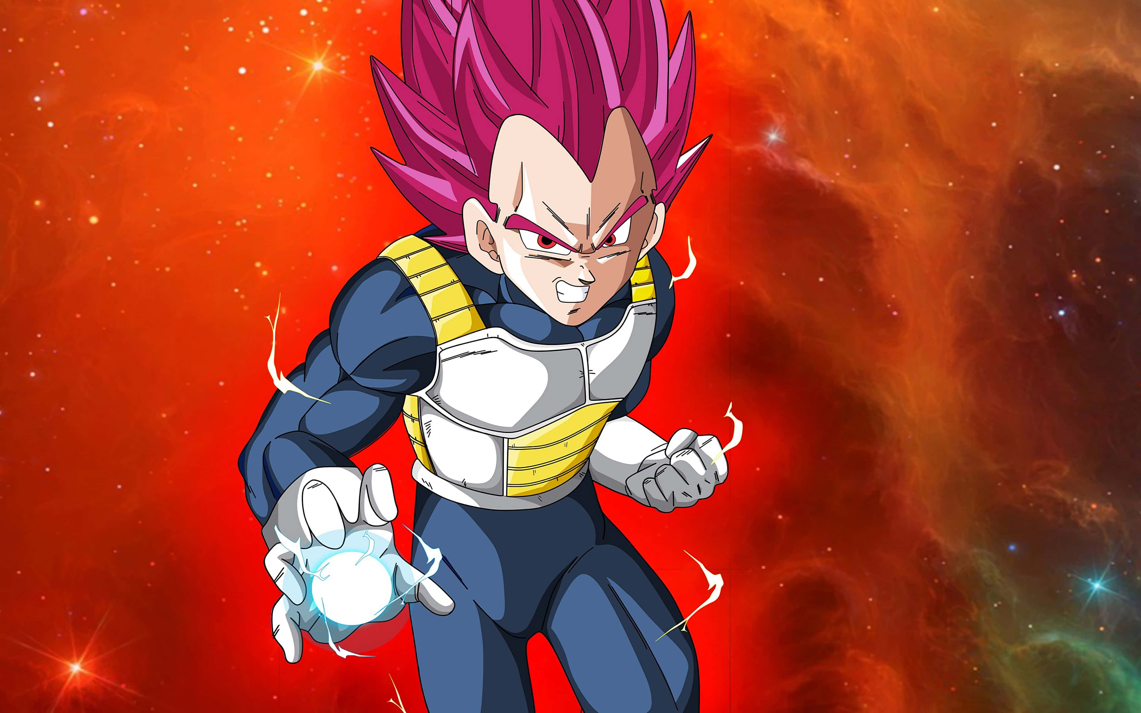 Vegeta Super Saiyan 桌布 壁紙 — 一個擁有尖刺粉紅色頭髮的兇猛動漫戰士，在熾熱的宇宙背景下，將能量匯聚成一個發光的球體。