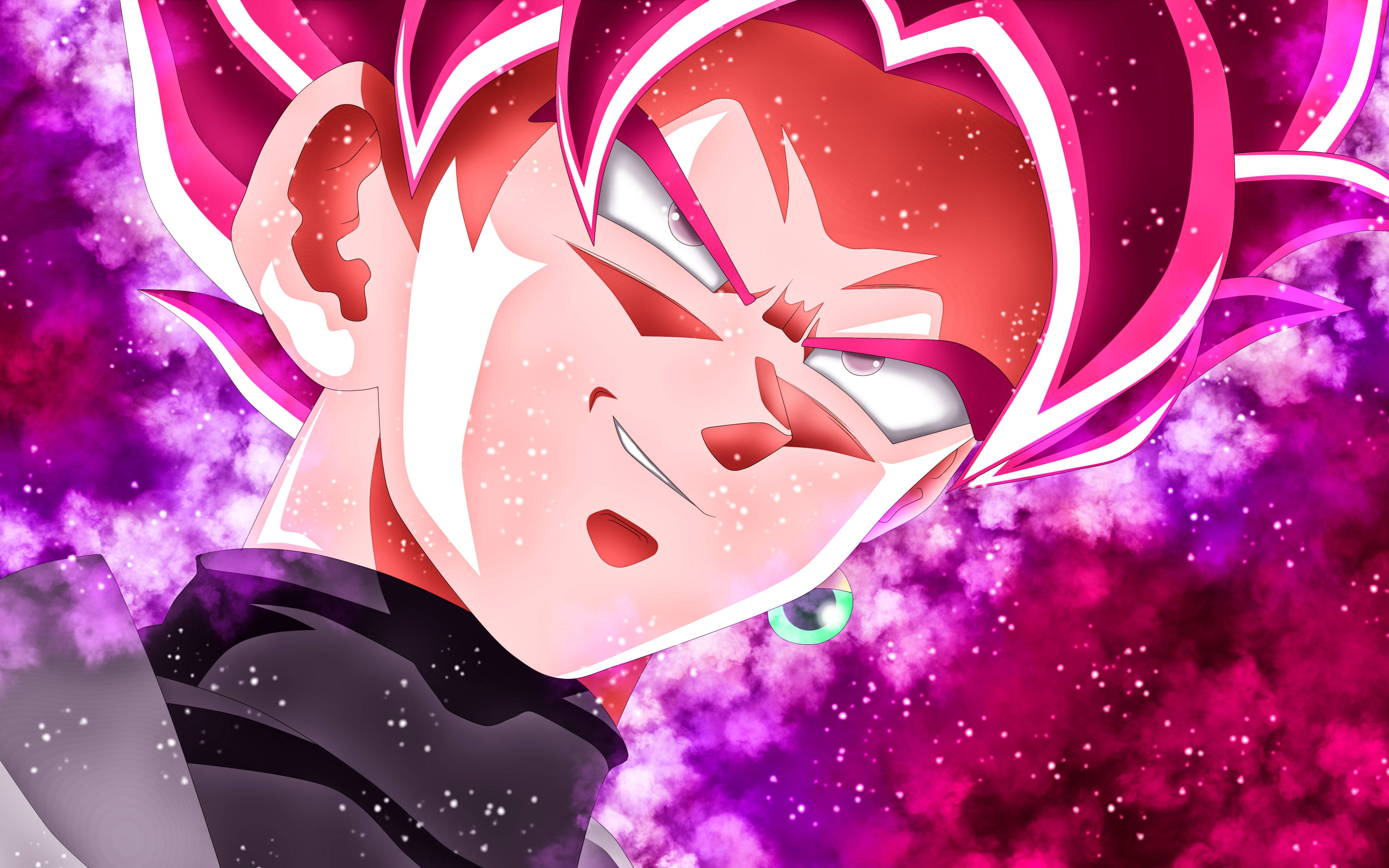 black goku rose 4K 桌布 壁紙 — 一個擁有尖刺粉紅頭髮和發光眼睛的動漫角色，在充滿活力的宇宙紫色和洋紅色星空中強烈凝視。