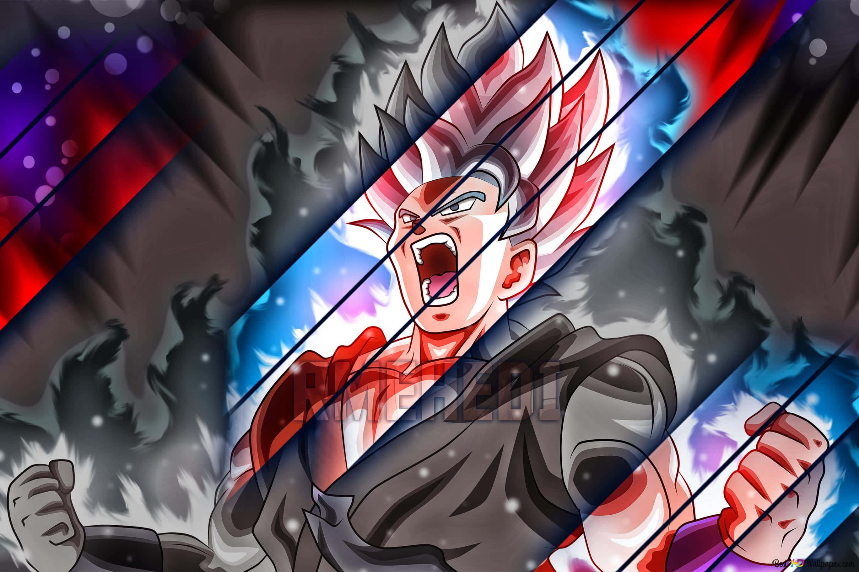 Dragon Ball Goku Ultra Instinct 桌布 壁紙 — 一個擁有尖刺紅白頭髮的兇猛動漫戰士，在充滿宇宙色彩和陰影輪廓的動態對角線背景前咆哮戰鬥。