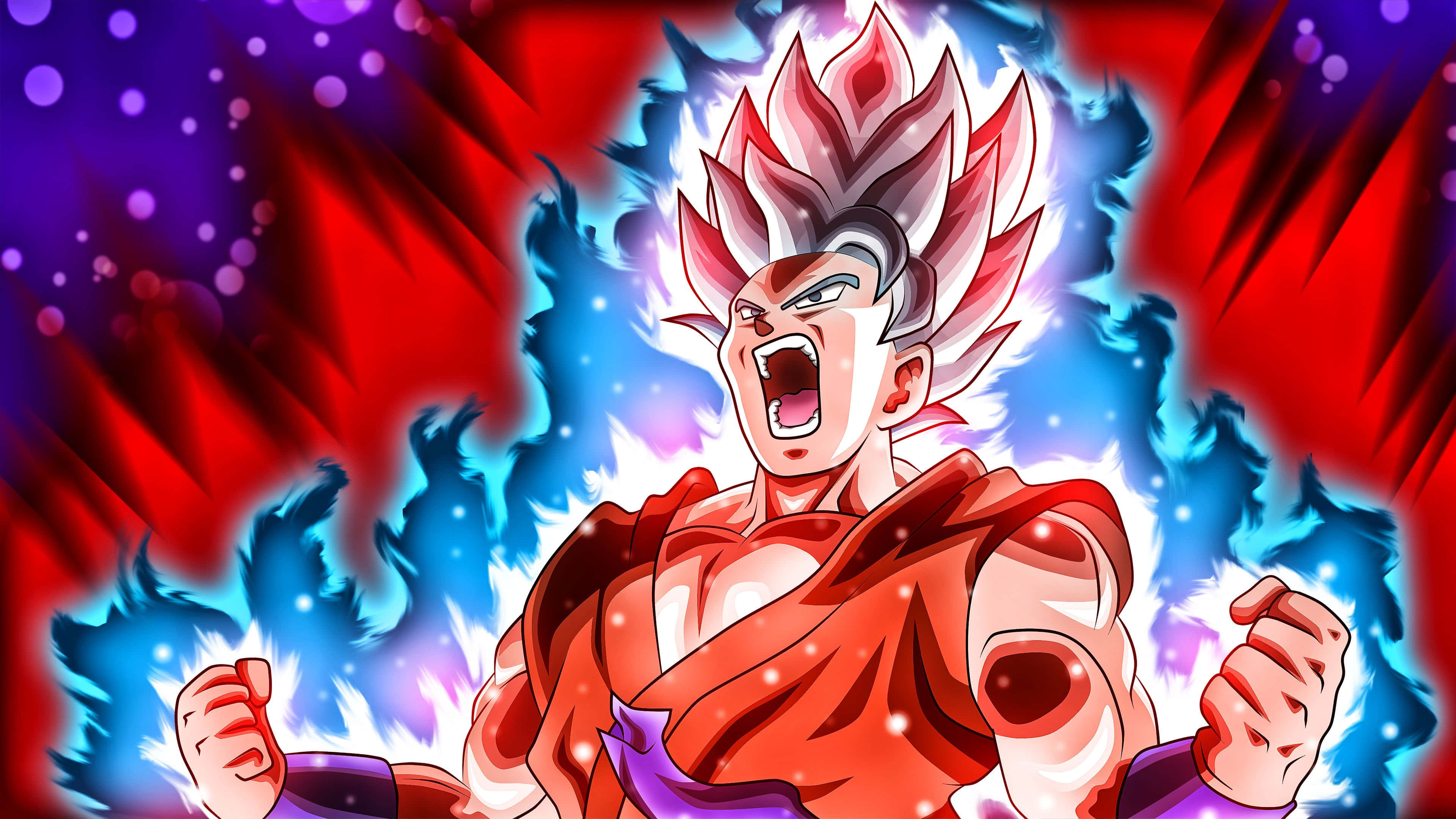 Saiyan Race 桌布 壁紙 — 一個擁有尖刺紅白頭髮的兇猛動漫戰士，在充滿活力的紅藍能量背景下咆哮。