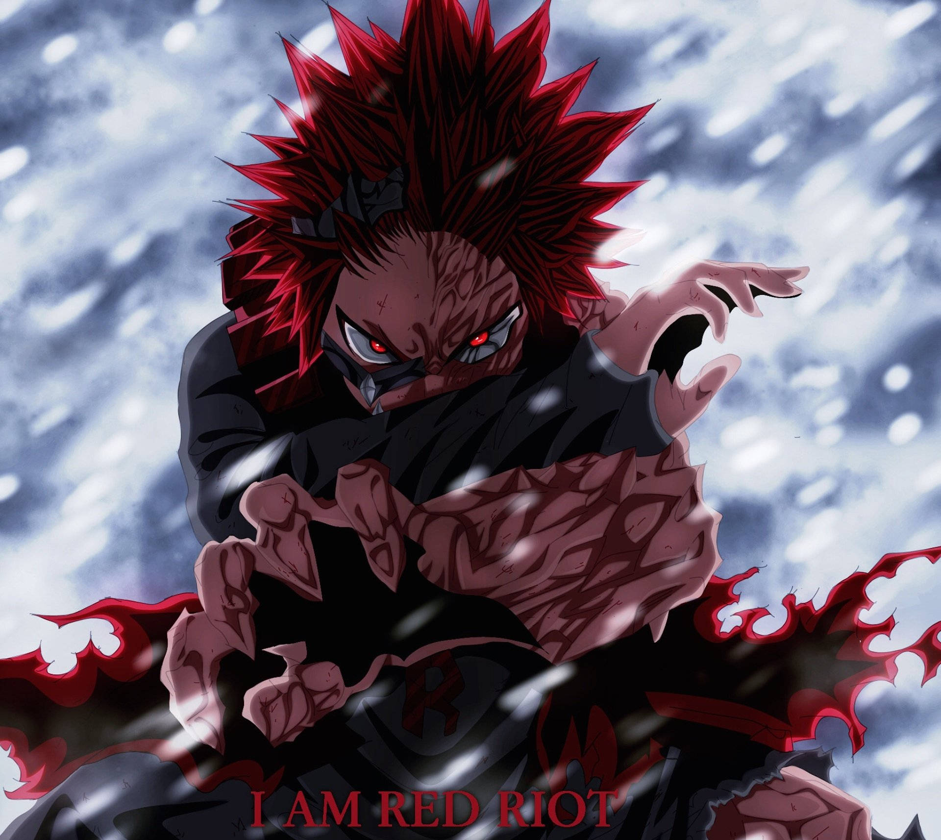 Kirishima 桌布 壁紙 — 一個擁有尖刺紅髮和發光紅眼的兇猛動漫戰士，在暴風雨的天空中咆哮，紅色能量在他周圍旋轉。