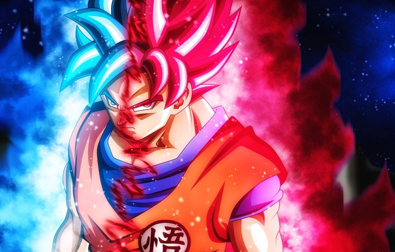 kaioken 桌布 壁紙 — 一個擁有尖刺藍色和粉紅色頭髮的強大動漫戰士，站在由旋轉的紅色和藍色能量組成的宇宙背景前。