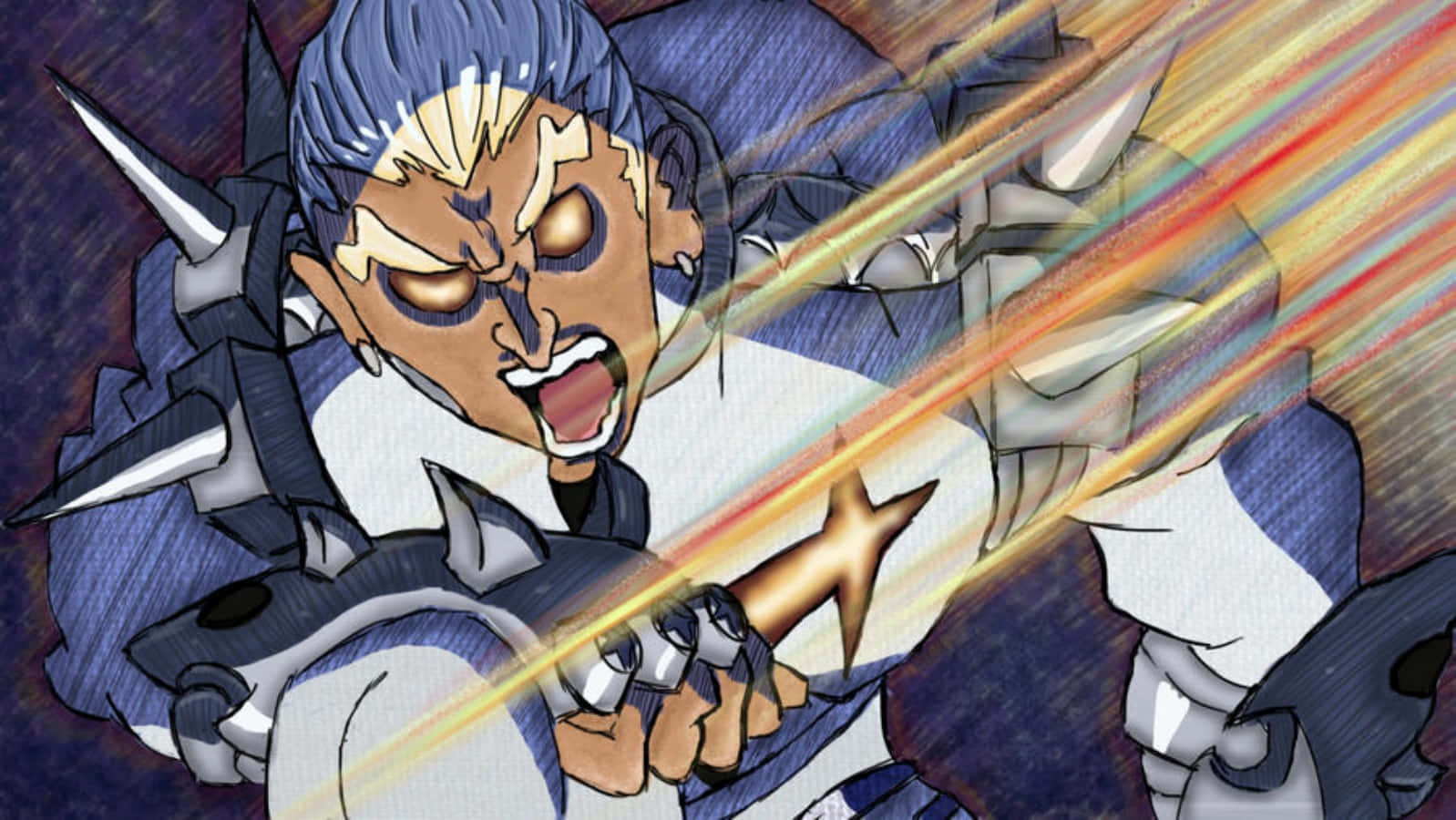 Ira Gamagoori 桌布 壁紙 — 一個擁有尖刺藍色頭髮和發光眼睛的動漫角色，在動態戰鬥場景中釋放出熾熱的能量爆炸。