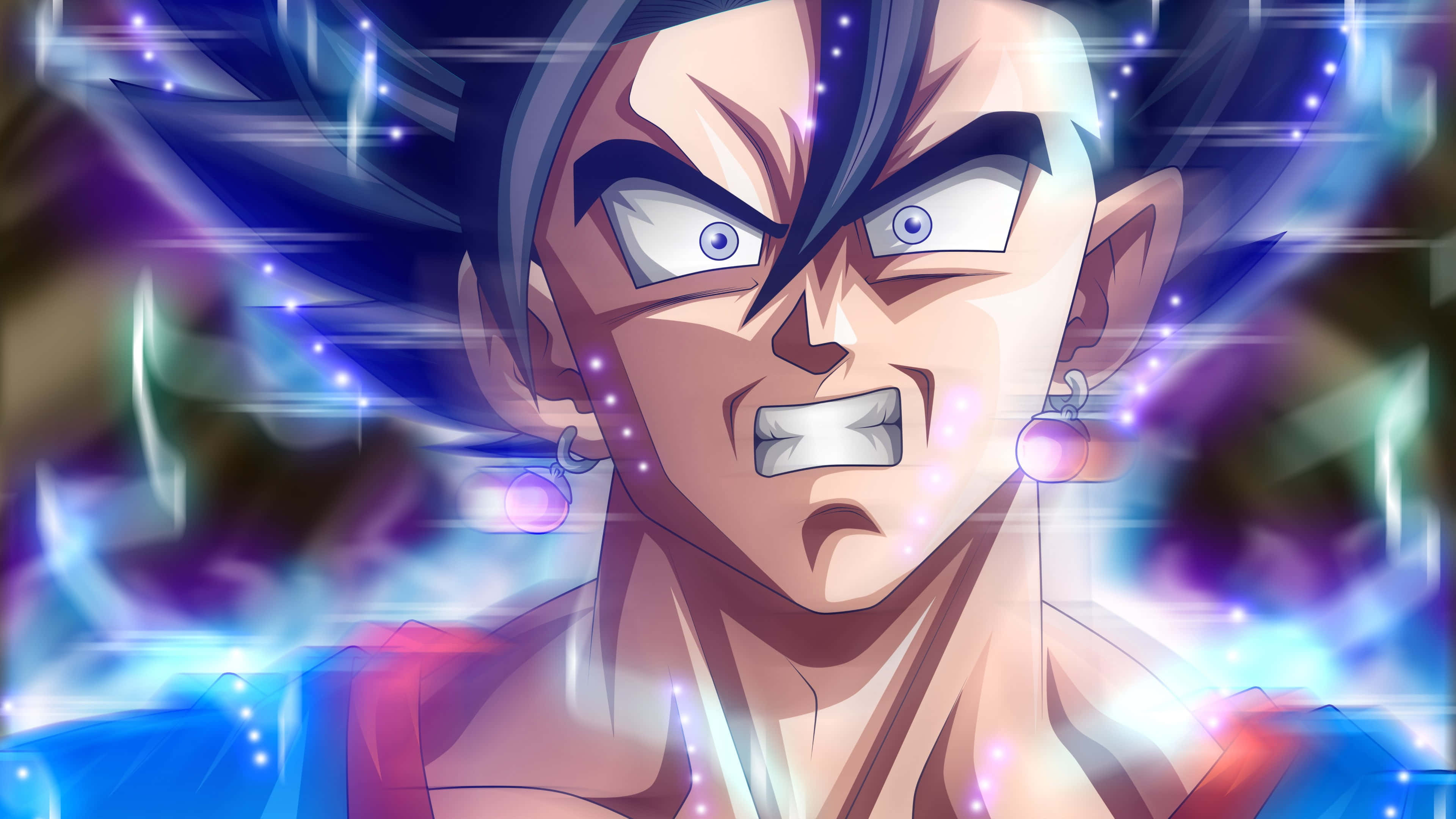 Goku Black 4K 桌布 壁紙 — 一個擁有尖刺藍色頭髮和發光眼睛的動漫角色，在充滿活力的宇宙背景中散發出強烈的能量。