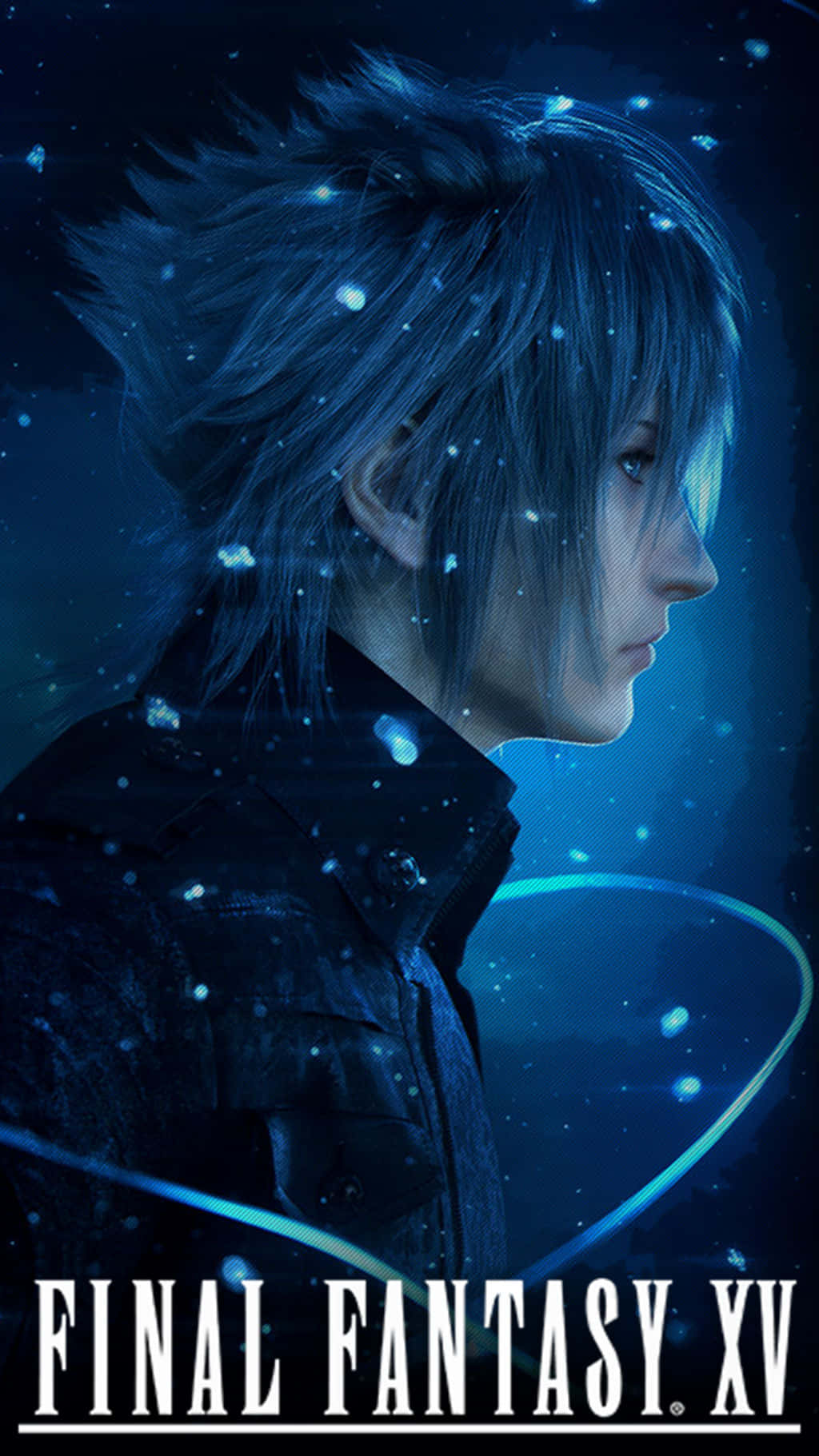 PlayStation 桌布 壁紙 — 一個擁有尖刺藍色頭髮的年輕男子，在星光閃爍的藍色宇宙背景下，側視著發光的粒子和彎曲的光跡。