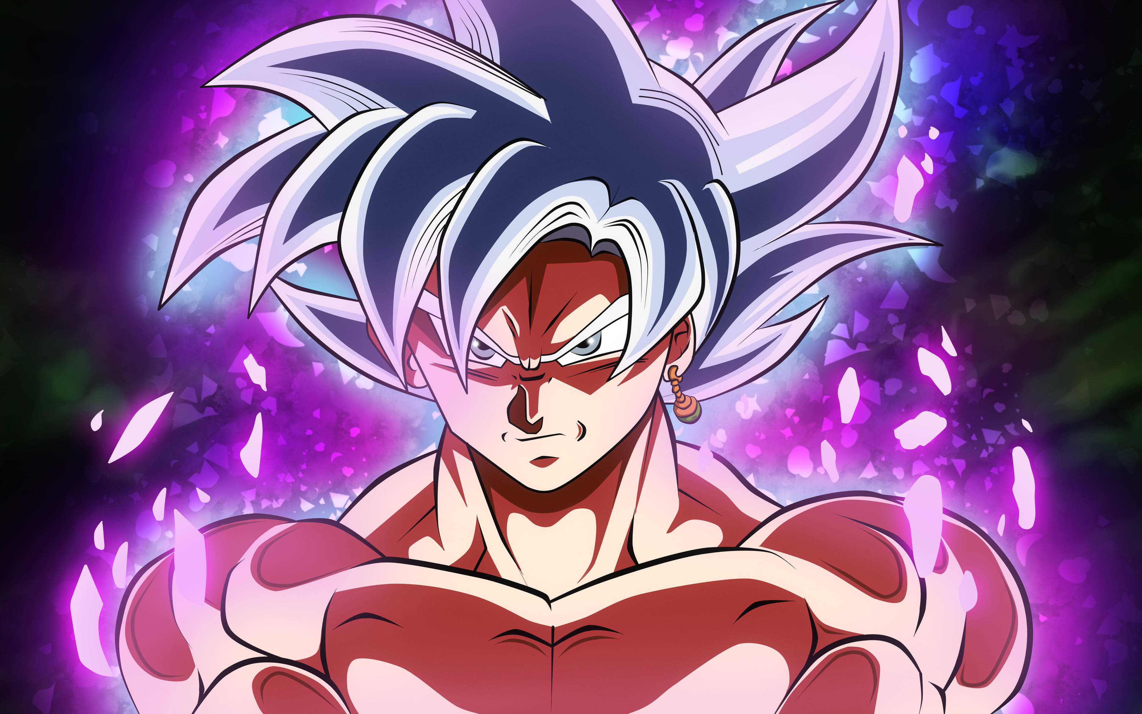 black goku rose 4K 桌布 壁紙 — 一個擁有尖刺銀色頭髮和紅色光環的強大動漫戰士，在充滿活力的紫色宇宙背景下挑釁地站立。