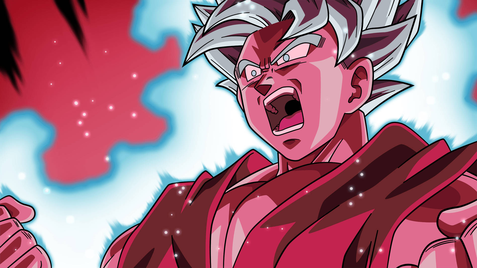 kaioken 桌布 壁紙 — 一個擁有尖刺銀髮和紅色氣場的兇猛動漫戰士，對著宇宙紅藍天空咆哮。