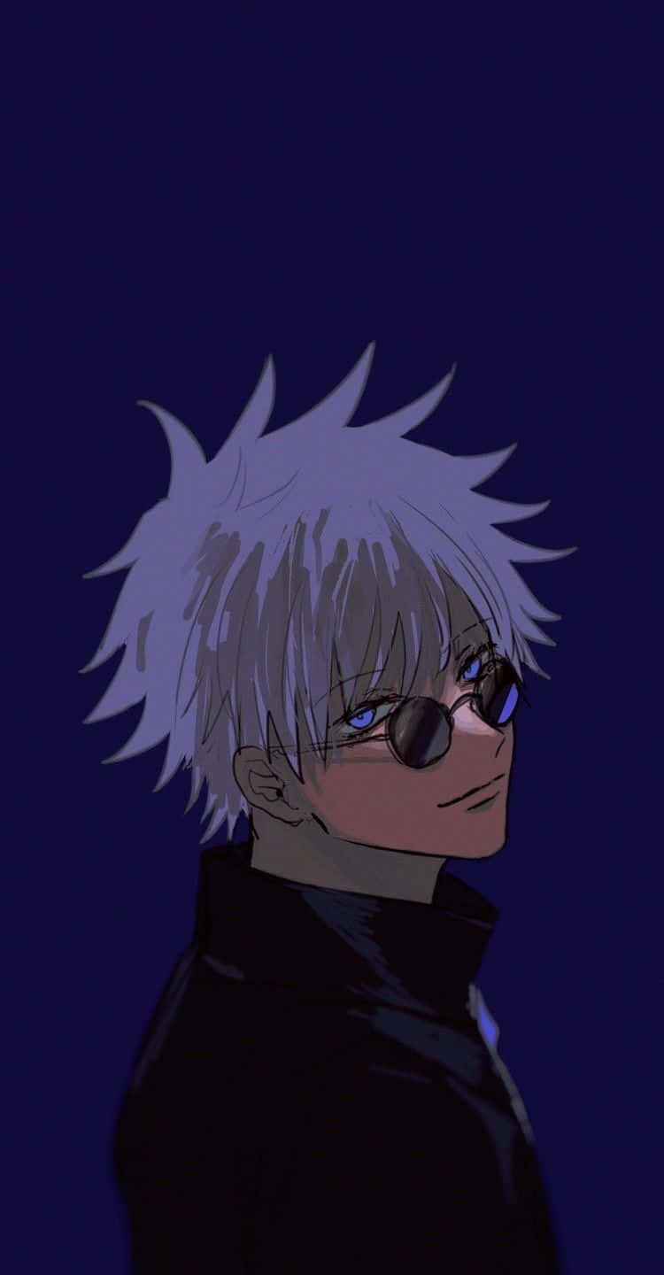 Jujutsu Kaisen Phone 桌布 壁紙 — 一個擁有尖刺頭髮、藍色眼睛和圓形眼鏡的動漫角色，在深藍色背景上側視。