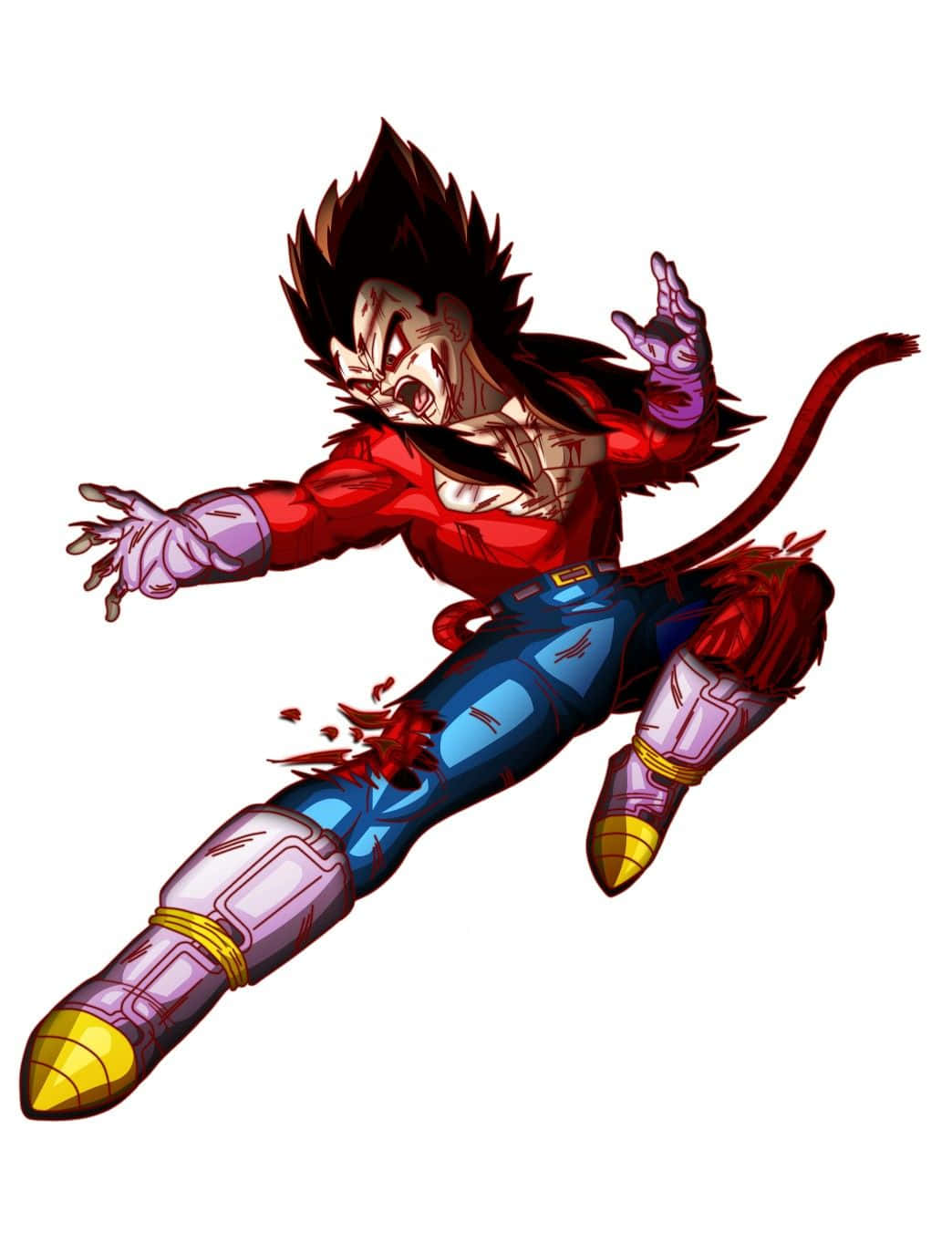 Vegeta Super Saiyan 4 桌布 壁紙 — 一個擁有尖刺頭髮和尾巴的兇猛動漫戰士，在白色背景前以動態戰鬥姿勢向前猛衝。