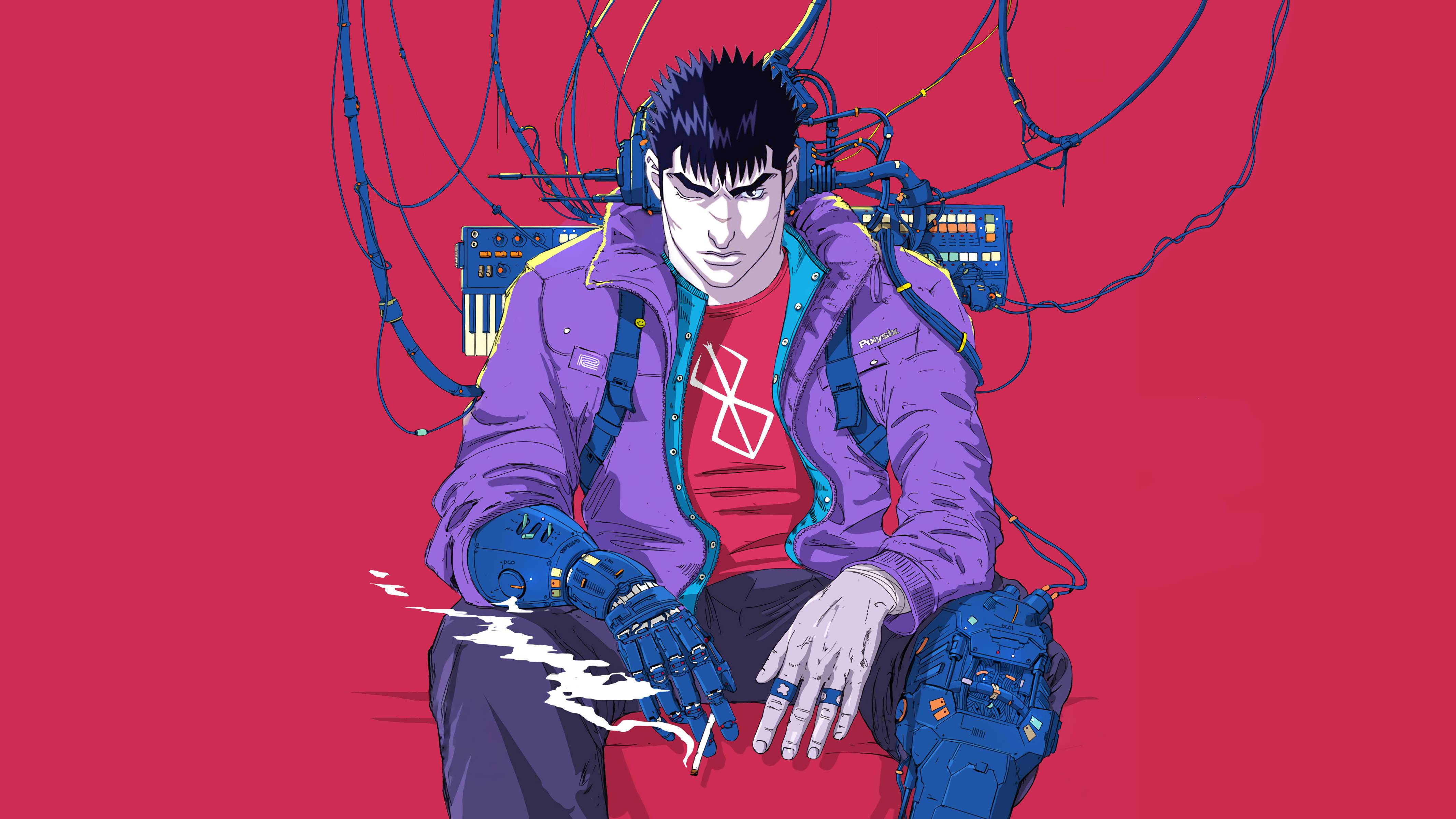 Cyberpunk Desktop 桌布 壁紙 — 一個擁有尖刺頭髮和機械手臂的賽博龐克動漫角色，坐在鮮紅色背景前，被電線環繞。
