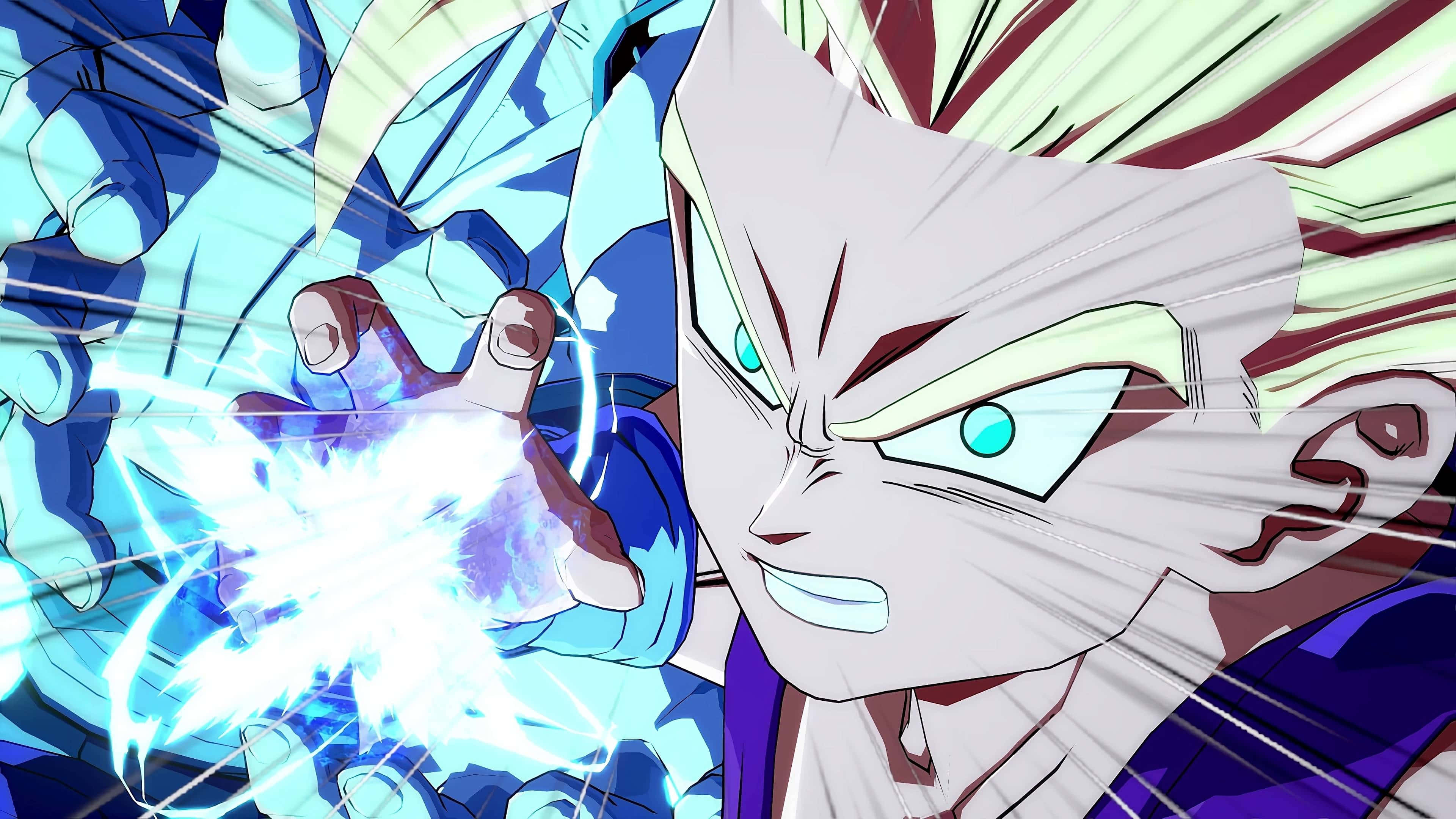 Dragon Ball Fighterz 桌布 壁紙 — 一個擁有尖刺頭髮和發光眼睛的動漫角色，從手中釋放出明亮的藍色能量爆炸。