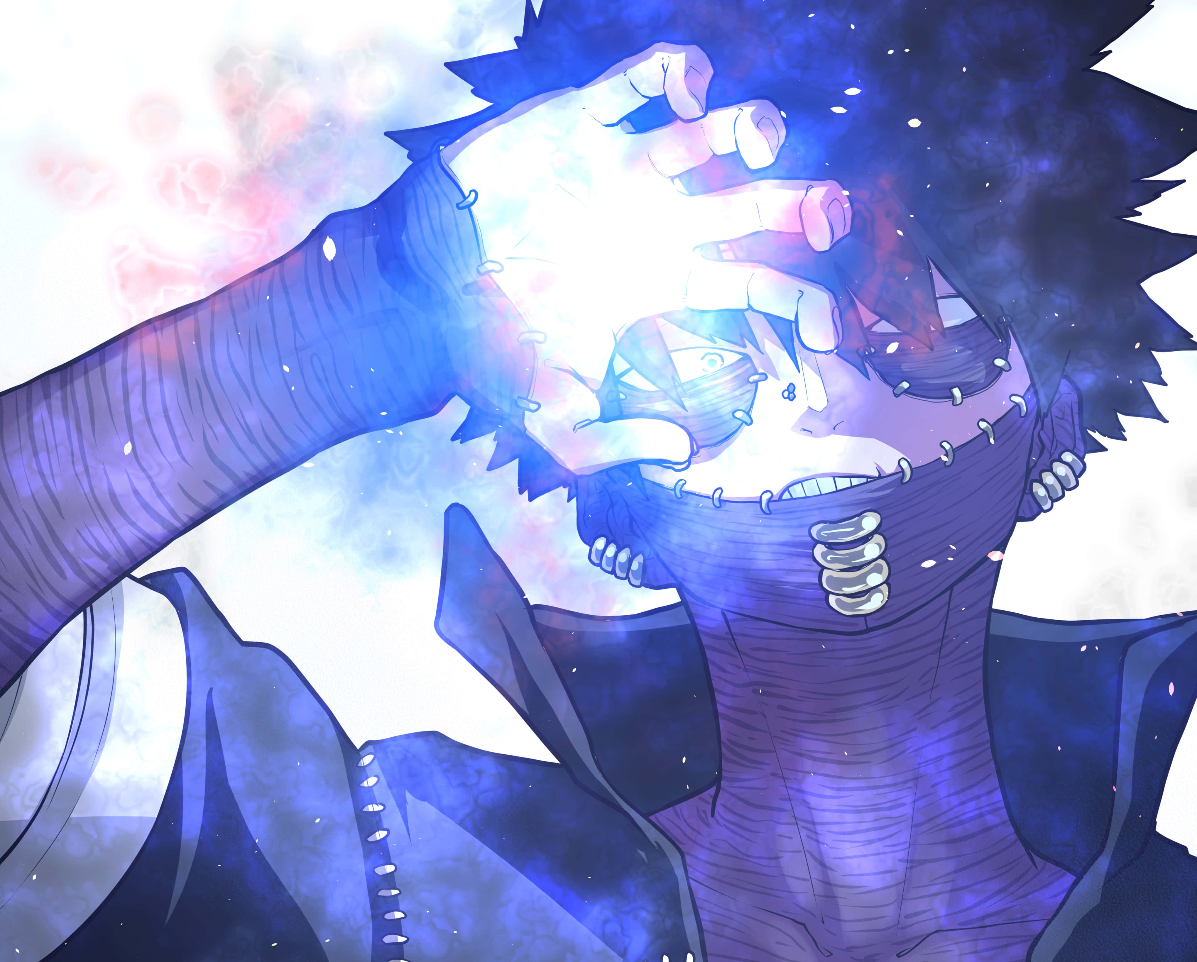 Dabi Boku No Hero 桌布 壁紙 — 一個擁有尖刺頭髮和發光藍色手的動漫角色，在戲劇性的特寫中引導宇宙能量。
