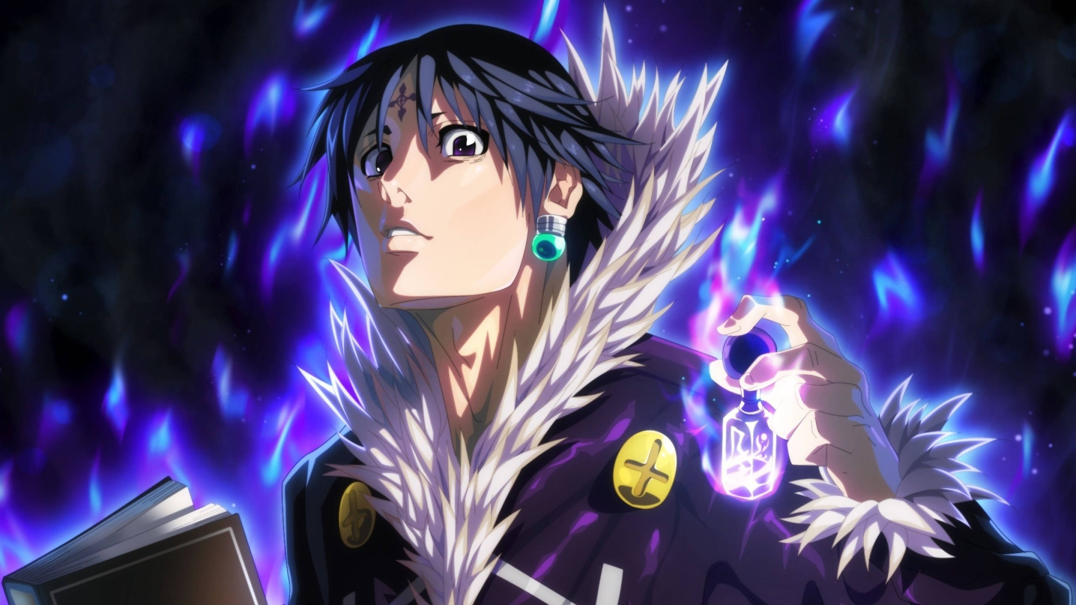 Hunter X Hunter 4K 桌布 壁紙 — 一個擁有尖刺頭髮和發光藍色眼睛的動漫角色，在充滿活力的紫色火焰背景下，手持一個發光的藥水瓶。