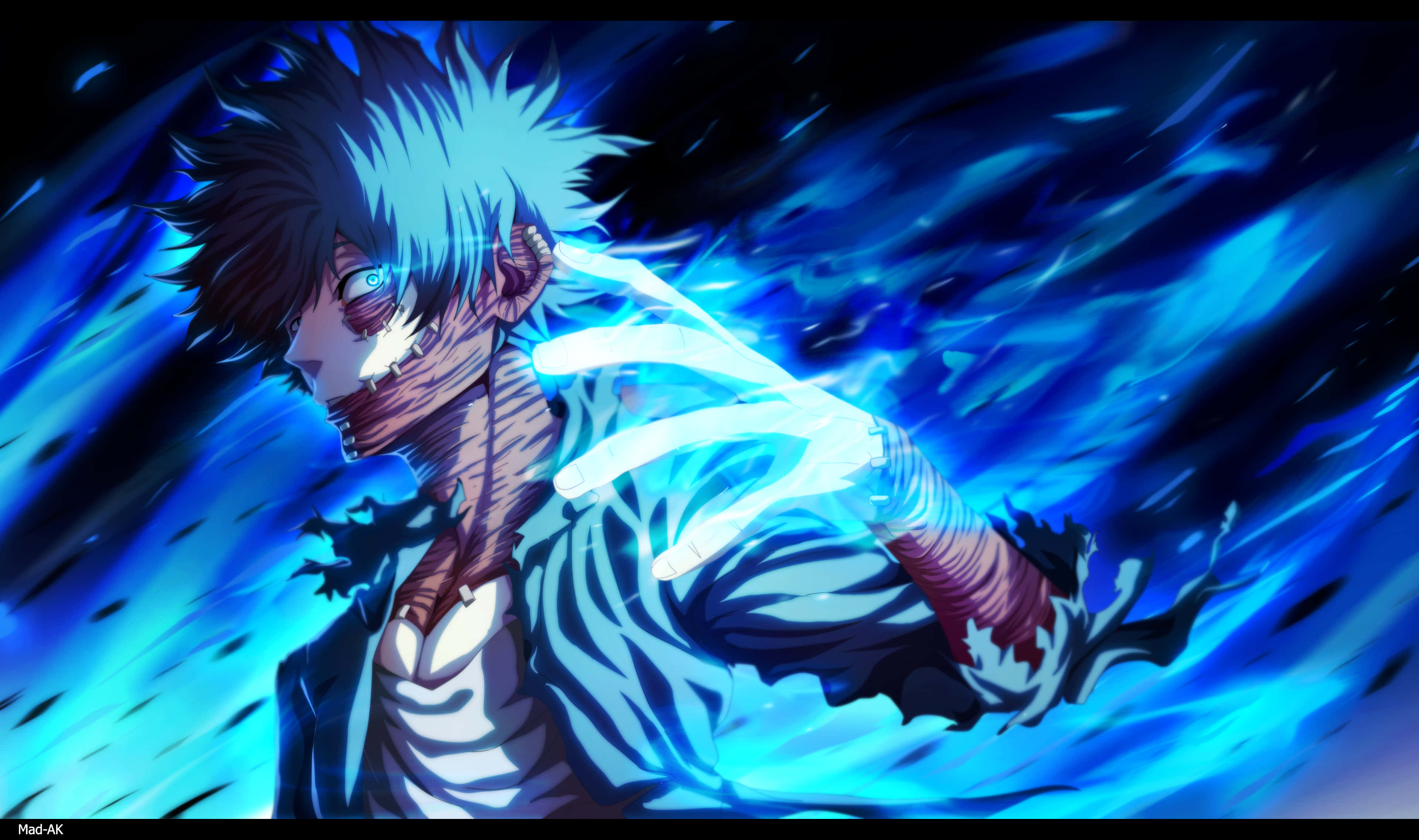 Dabi Boku No Hero 桌布 壁紙 — 一個擁有尖刺頭髮和發光藍色能量的動漫角色以動態動作姿勢向前衝刺。
