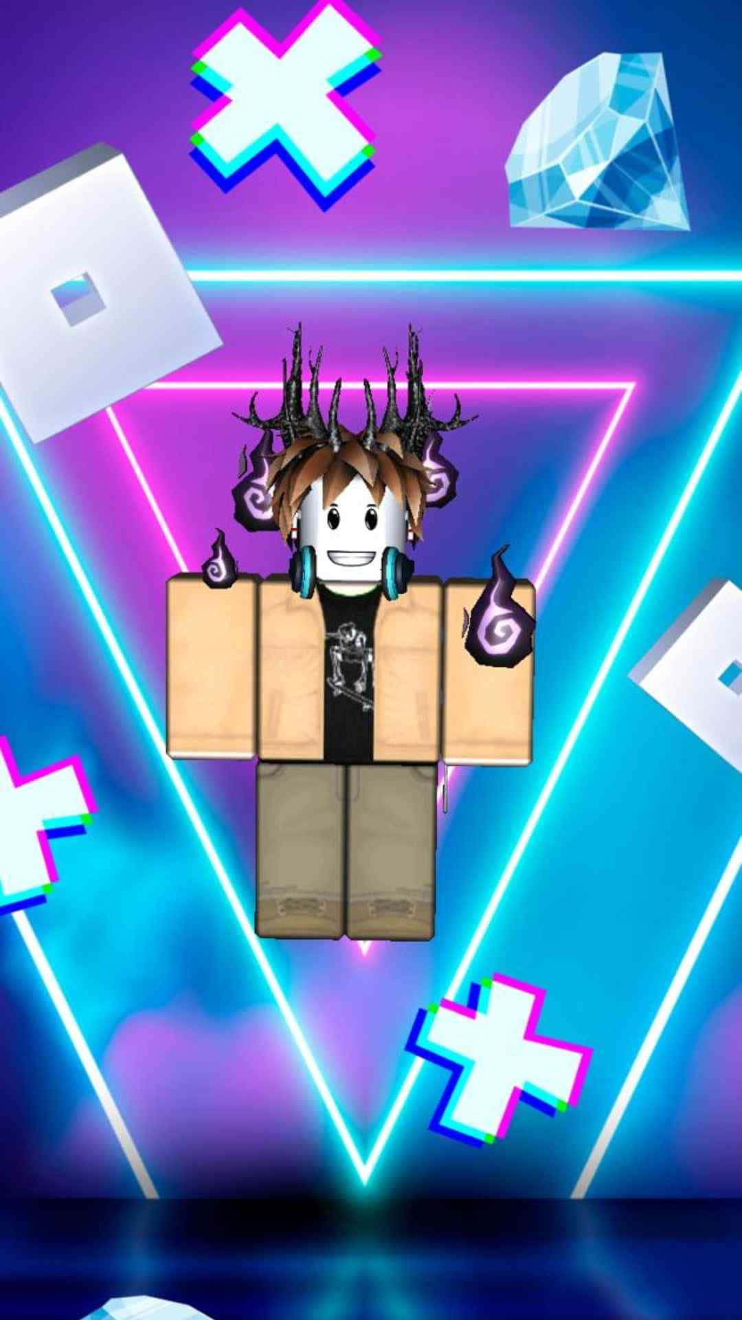 game 桌布 壁紙 — 一個擁有尖刺頭髮和發光配件的Roblox虛擬角色，站在一個霓虹燈照亮的幾何空間中，周圍有漂浮的水晶和發光的形狀。