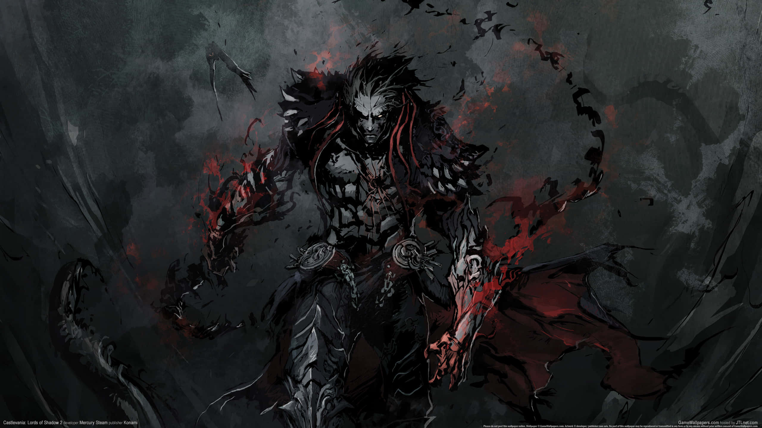 Castlevania 桌布 壁紙 — 一個擁有尖刺頭髮和紅色血濺的黑暗奇幻戰士，在暴風雨的灰色背景下威風凜凜地站立。