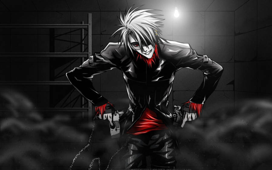 demon boy anime 桌布 壁紙 — 一個擁有尖刺頭髮和紅色點綴的動漫角色，在昏暗的工業房間中，單一頭頂燈光下自信地站立。