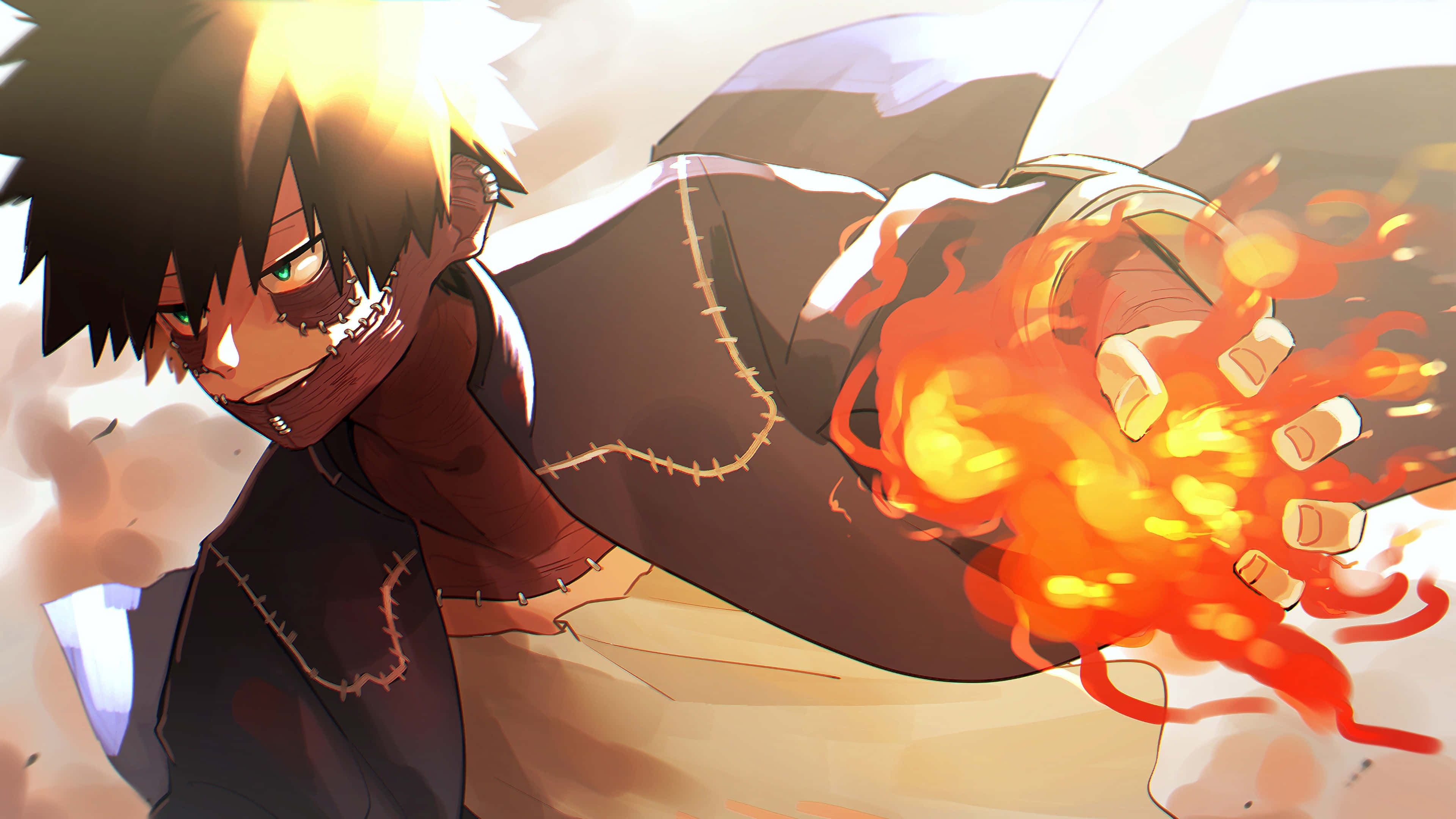 Dabi Boku No Hero 桌布 壁紙 — 一個擁有尖刺頭髮和綠色眼睛的動漫角色，在明亮的背景下從手中釋放出火焰爆炸。