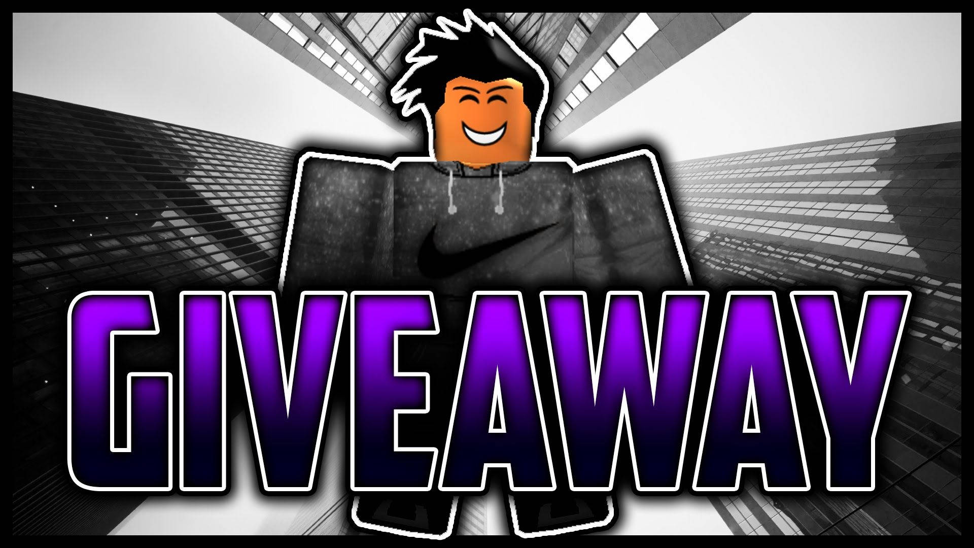 Roblox 桌布 壁紙 — 一個擁有尖刺頭髮和連帽衫的 Roblox 頭像站在黑白城市景觀中，帶有粗體紫色 'GIVEAWAY' 文字。