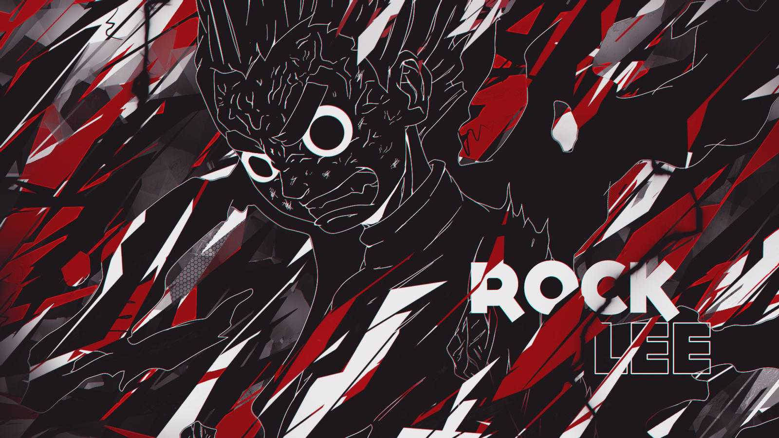 Rock Lee 桌布 壁紙 — 一個擁有尖刺頭髮和銳利眼神的動漫角色被動態的紅色和黑色碎片包圍。