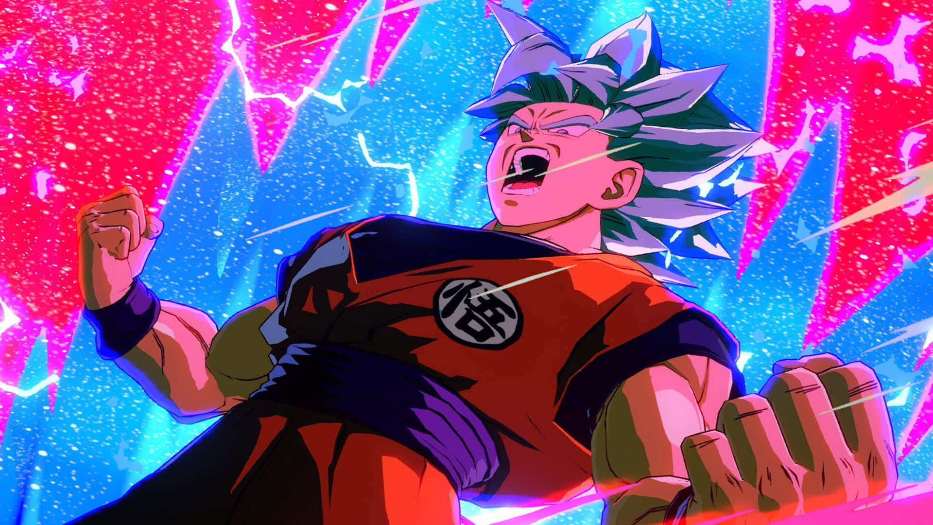 Dragon Ball Fighterz 桌布 壁紙 — 一個擁有尖刺頭髮的強大動漫戰士，在充滿活力的粉紅色和藍色能量背景下咆哮。