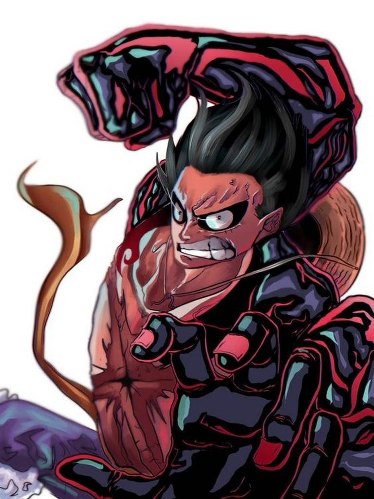 luffy gear 4 桌布 壁紙 — 一個擁有尖刺黑髮和發光眼睛的兇猛動漫戰士，一邊咆哮一邊舉起巨大的紅黑色拳頭。