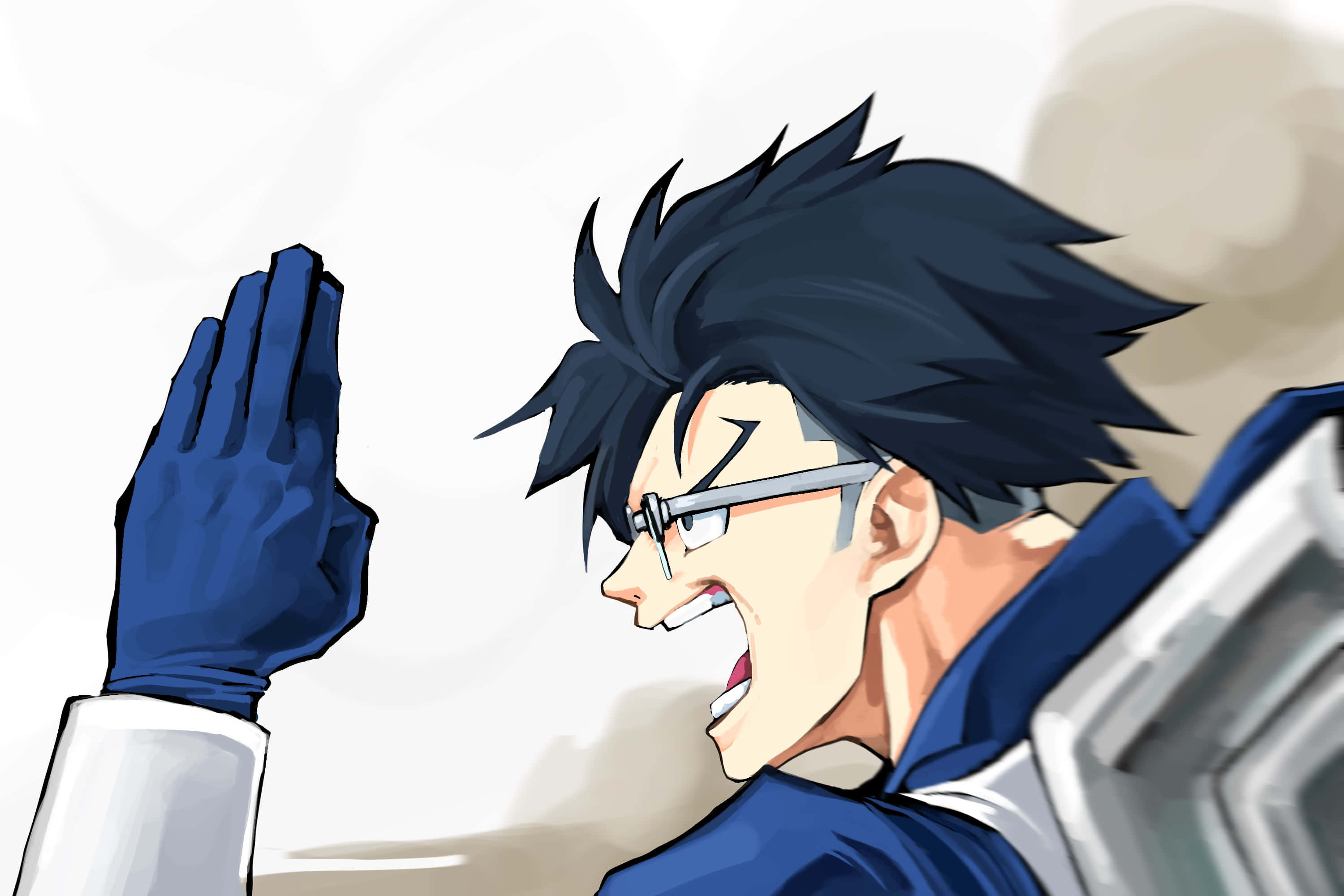 Tenya Iida 桌布 壁紙 — 一個擁有尖刺黑髮和眼鏡的動漫角色，舉起戴手套的手，以動態姿勢大喊。