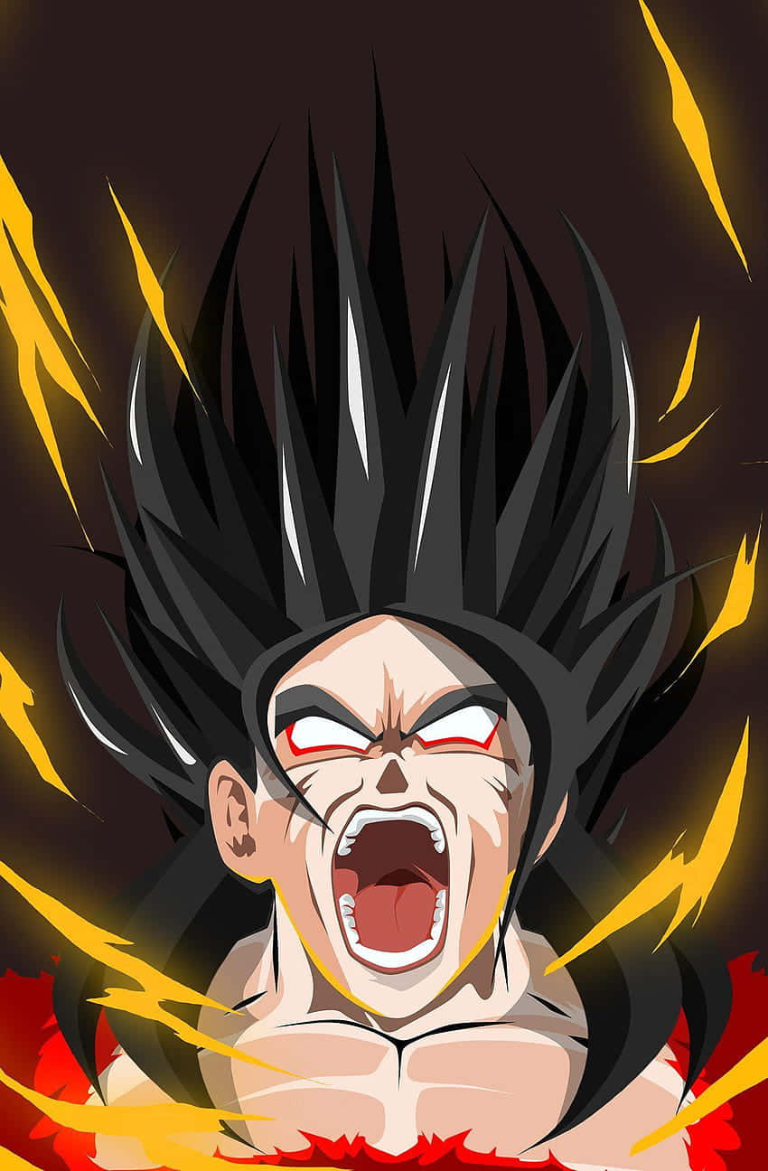 Vegeta Super Saiyan 4 桌布 壁紙 — 一個擁有尖刺黑髮和紅眼的動漫角色，在黃色閃電和紅色火焰的包圍下兇猛咆哮。