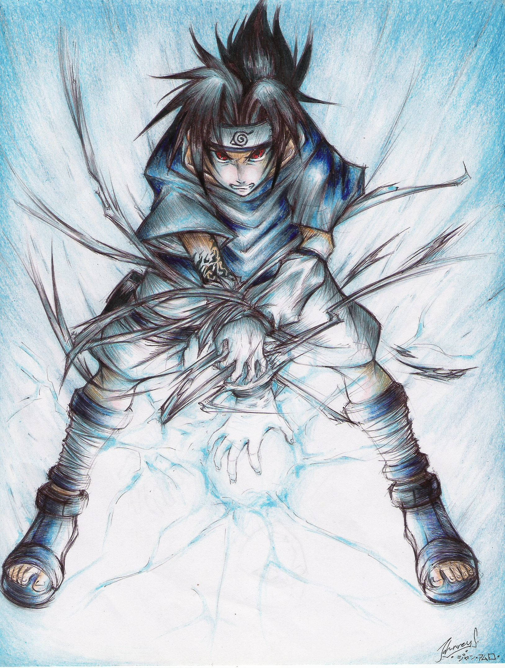 chidori 桌布 壁紙 — 一個擁有尖刺黑髮和紅眼的動漫角色，以動態姿勢坐著，周圍環繞著藍色能量和銳利線條。