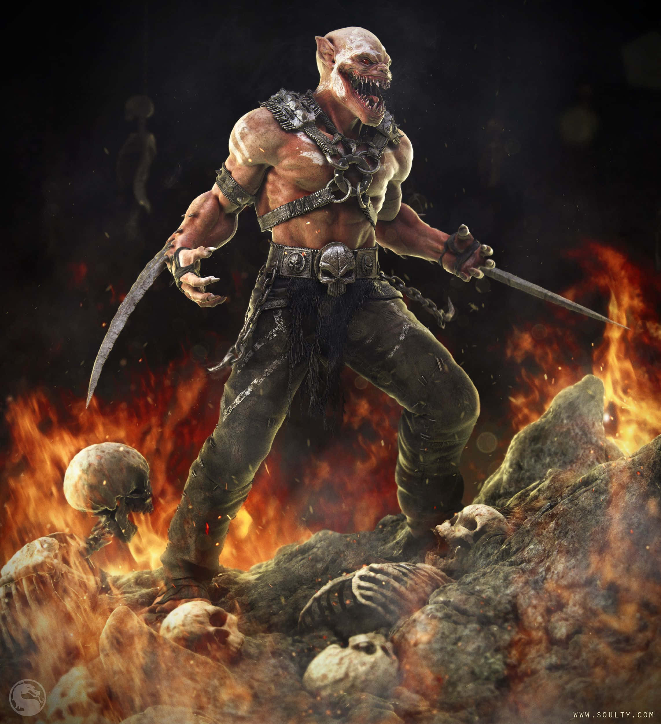 Mortal Kombat Baraka 桌布 壁紙 — 一個擁有尖牙和利爪的怪物戰士，在黑暗的地獄景觀中，站在骷髏堆上，周圍是咆哮的火焰。