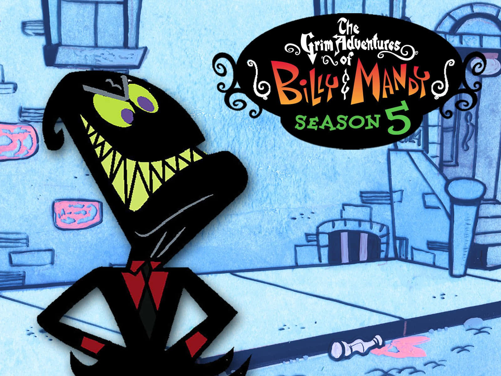 the grim adventures of billy and mandy 桌布 壁紙 — 一個擁有尖牙和發光眼睛的卡通反派，在風格化的藍色小鎮場景中威嚇地站立。
