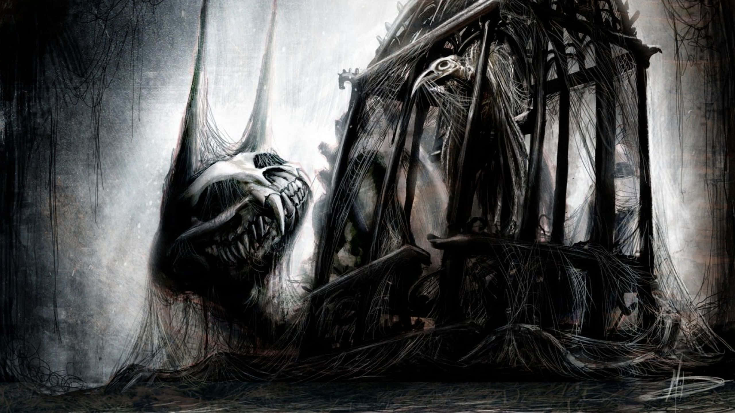 macabre 桌布 壁紙 — 一個擁有尖銳牙齒的可怕骷髏生物從破籠中出現，處於黑暗、粗獷的恐怖主題場景中。