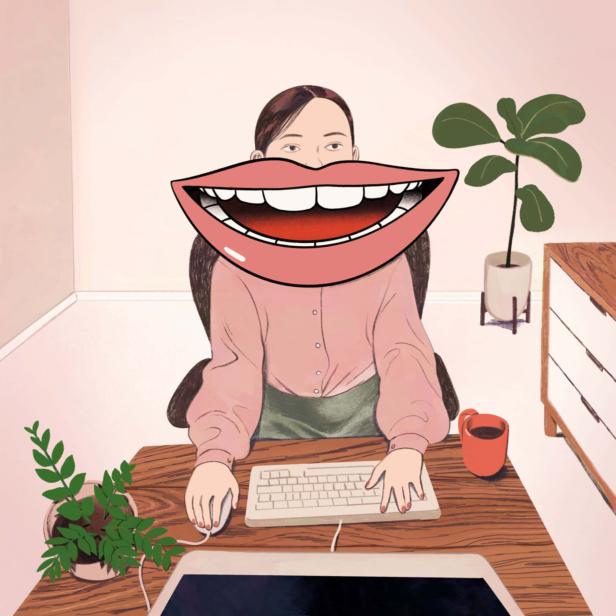 快樂 桌布 壁紙 — 一個擁有巨大卡通嘴巴的人微笑著在一個有植物和杯子的木桌上工作。