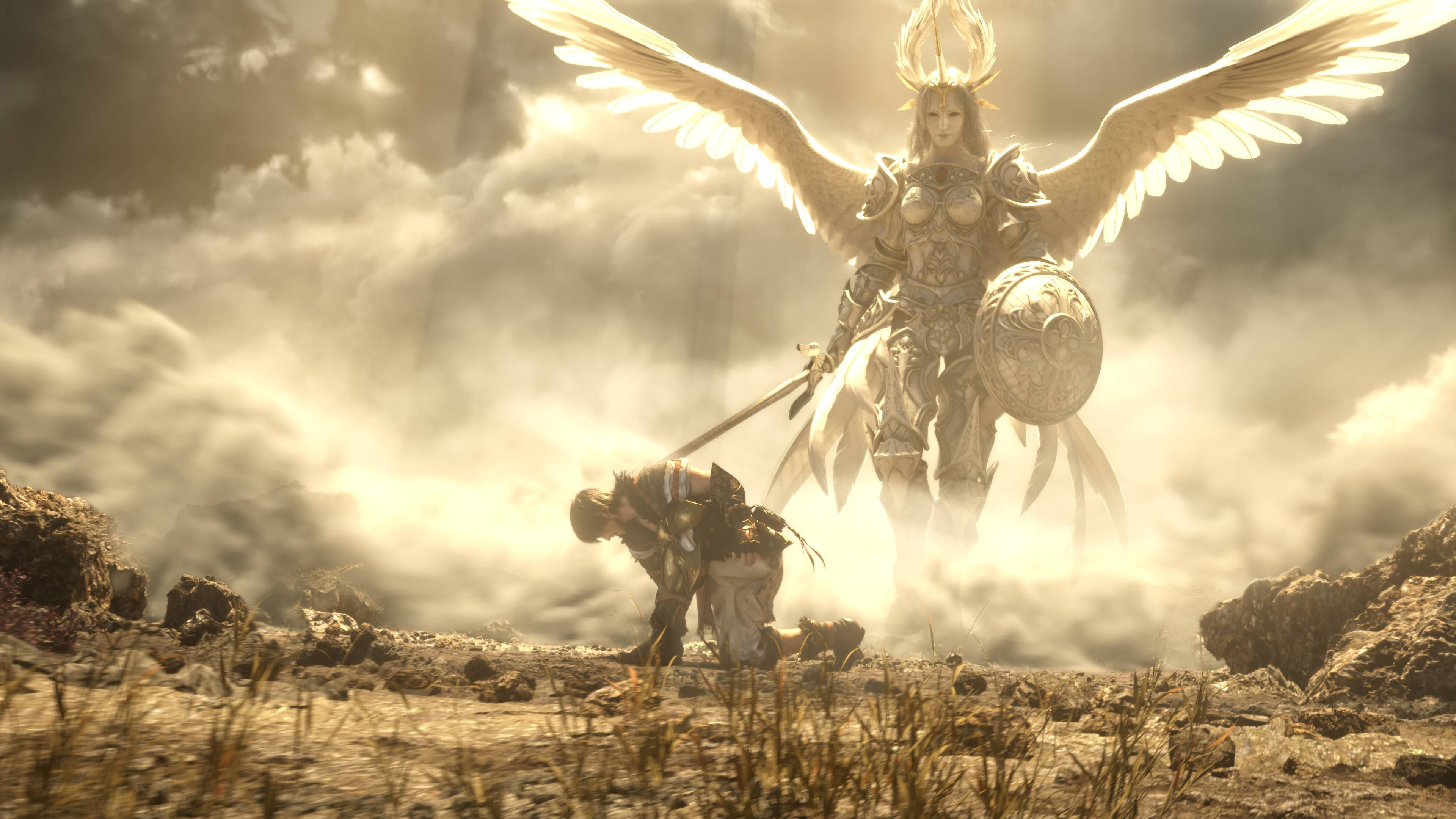 Ff14 桌布 壁紙 — 一個擁有巨大翅膀的高聳天使戰士，在荒涼、陽光明媚的戰場上俯視著一個跪著的盔甲人物。