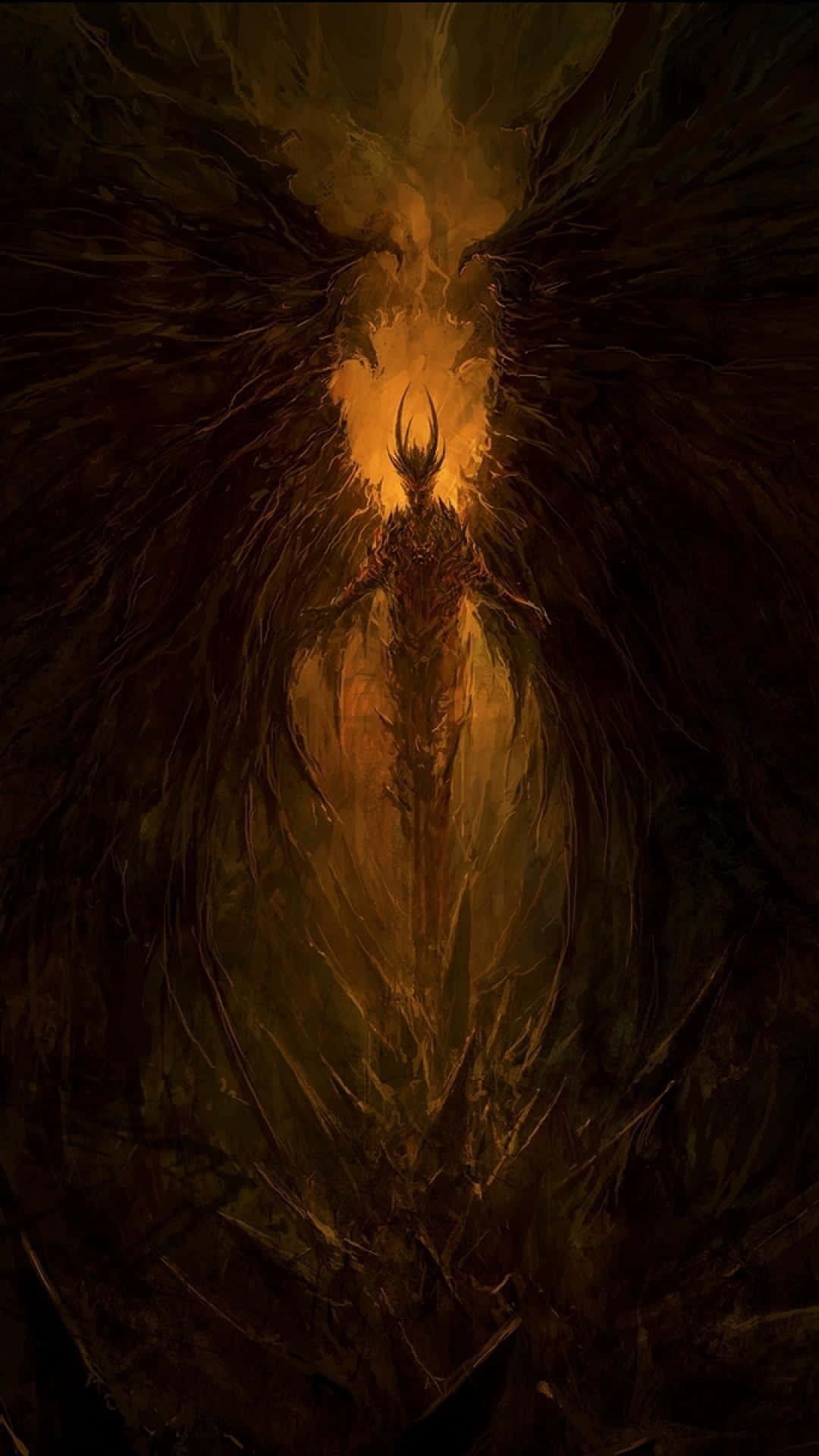 桌布 壁紙 — 一個擁有巨大翅膀的高聳惡魔形象從被金色光芒照亮的旋轉黑煙中出現。