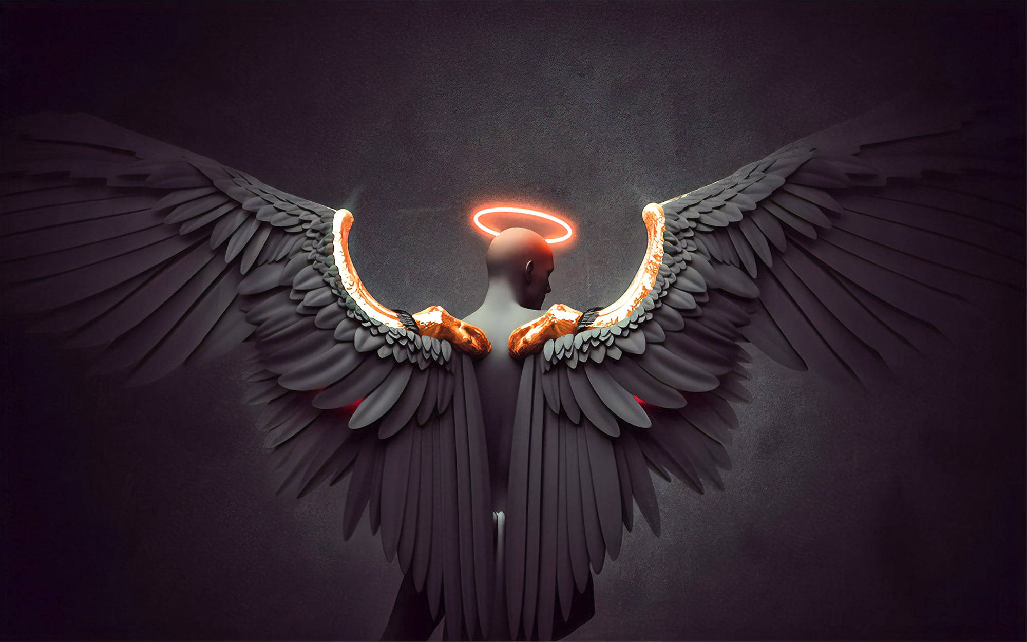 Wings 桌布 壁紙 — 一個擁有巨大黑色翅膀和發光光環的人物站在陰影黑暗中，散發著神聖的存在感。