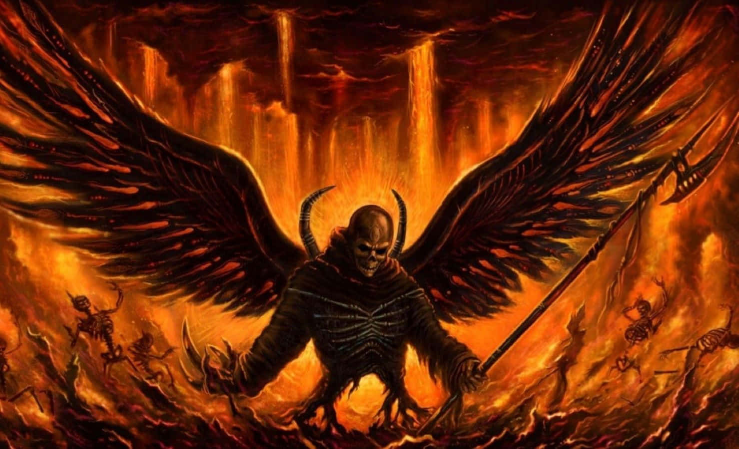 Lucifer Wings 桌布 壁紙 — 一個擁有巨大黑色翅膀和角的惡魔般身影，站在熾熱的地獄景觀中，揮舞著三叉戟，被骷髏嘍囉包圍。